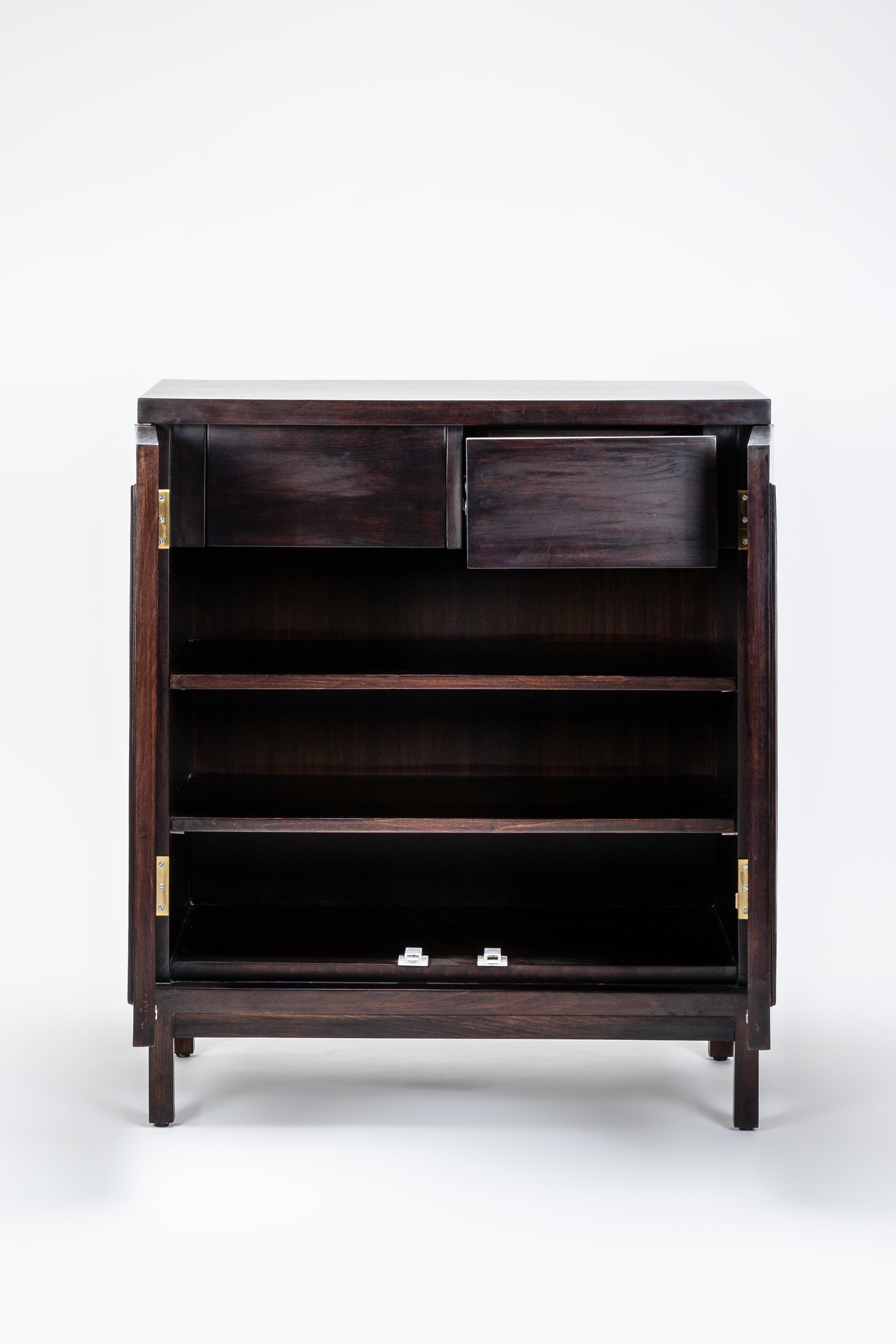 Dark wooden bookshelf on a white background