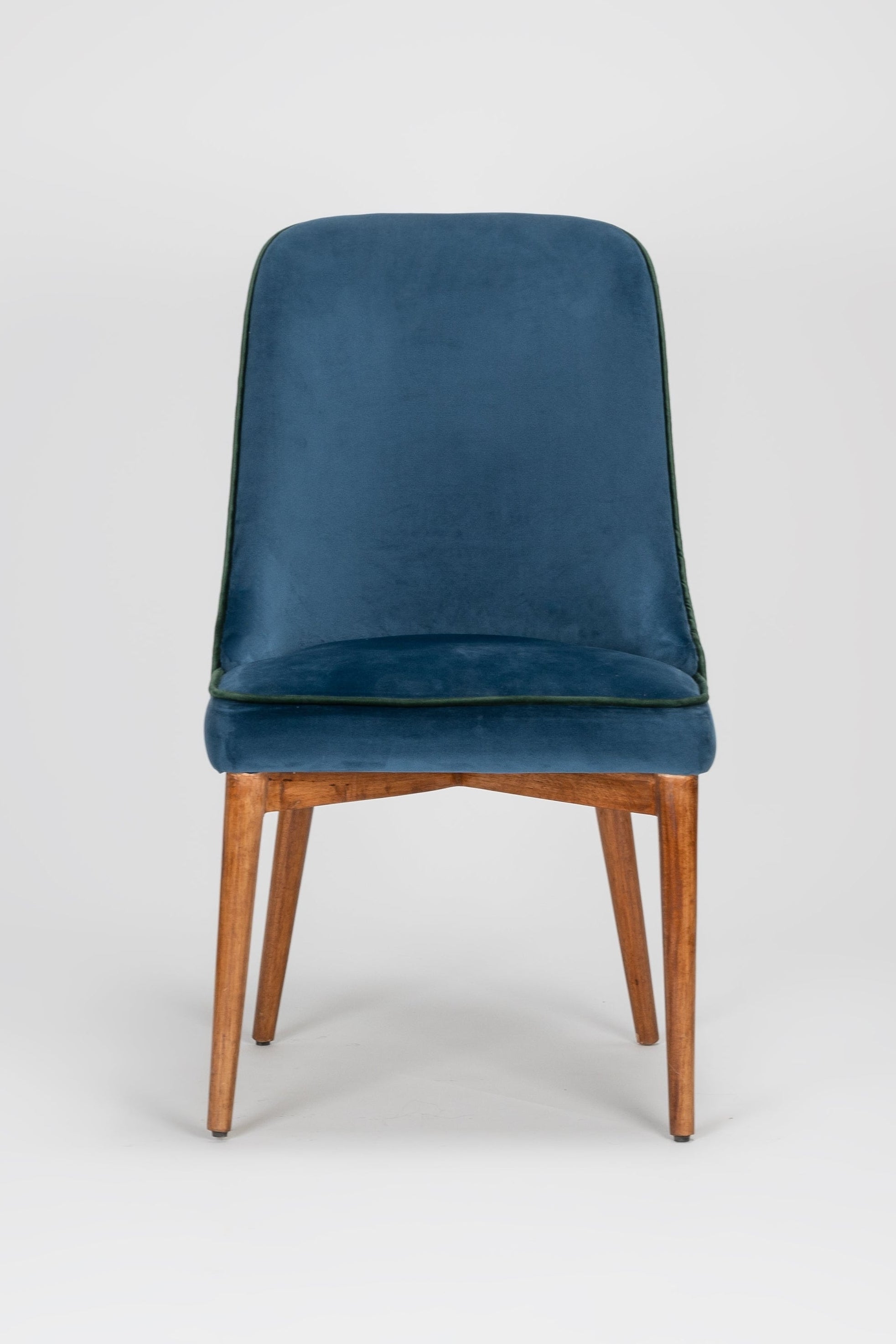 Blue chair with wooden legs on a white background