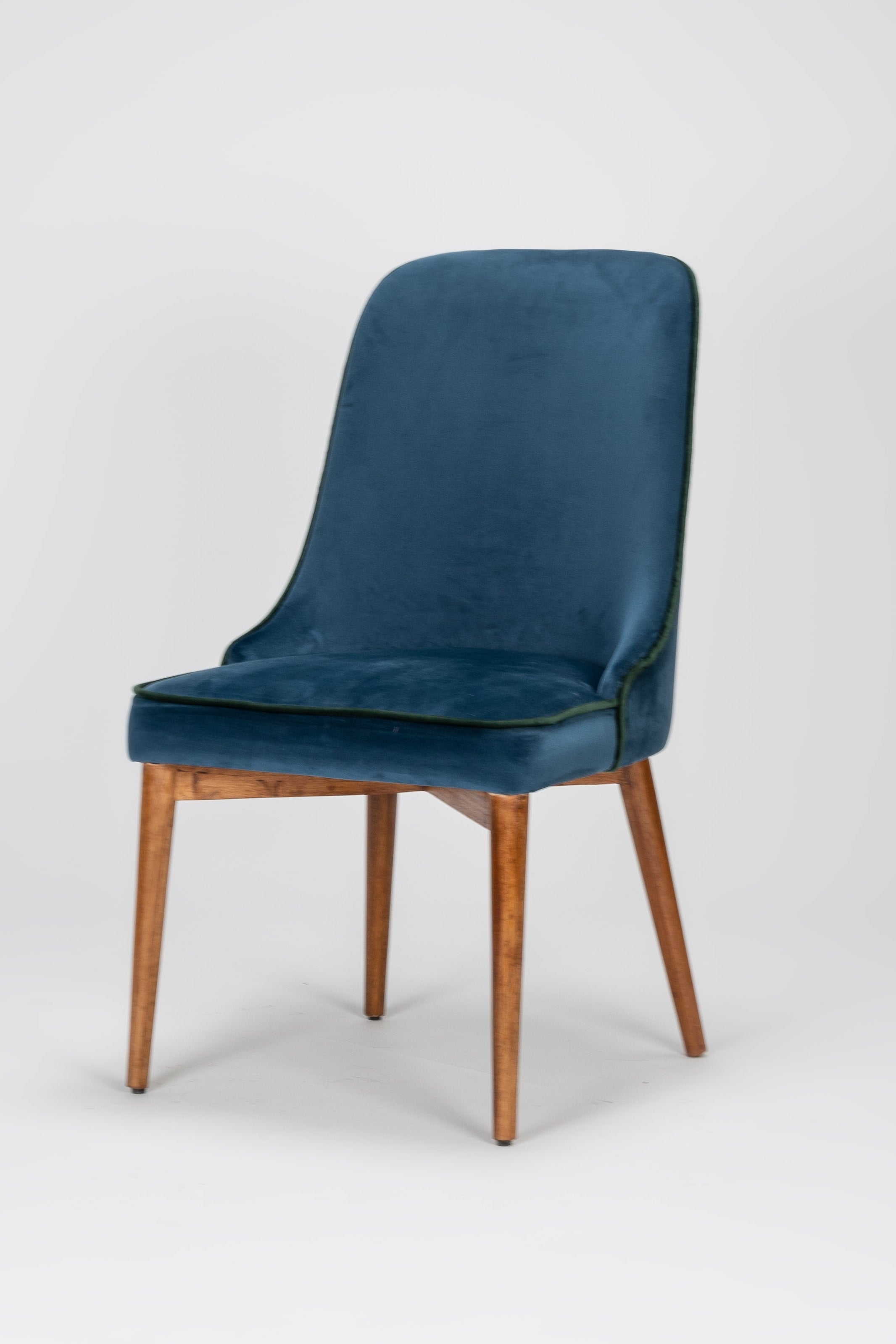 Blue chair with wooden legs on a white background