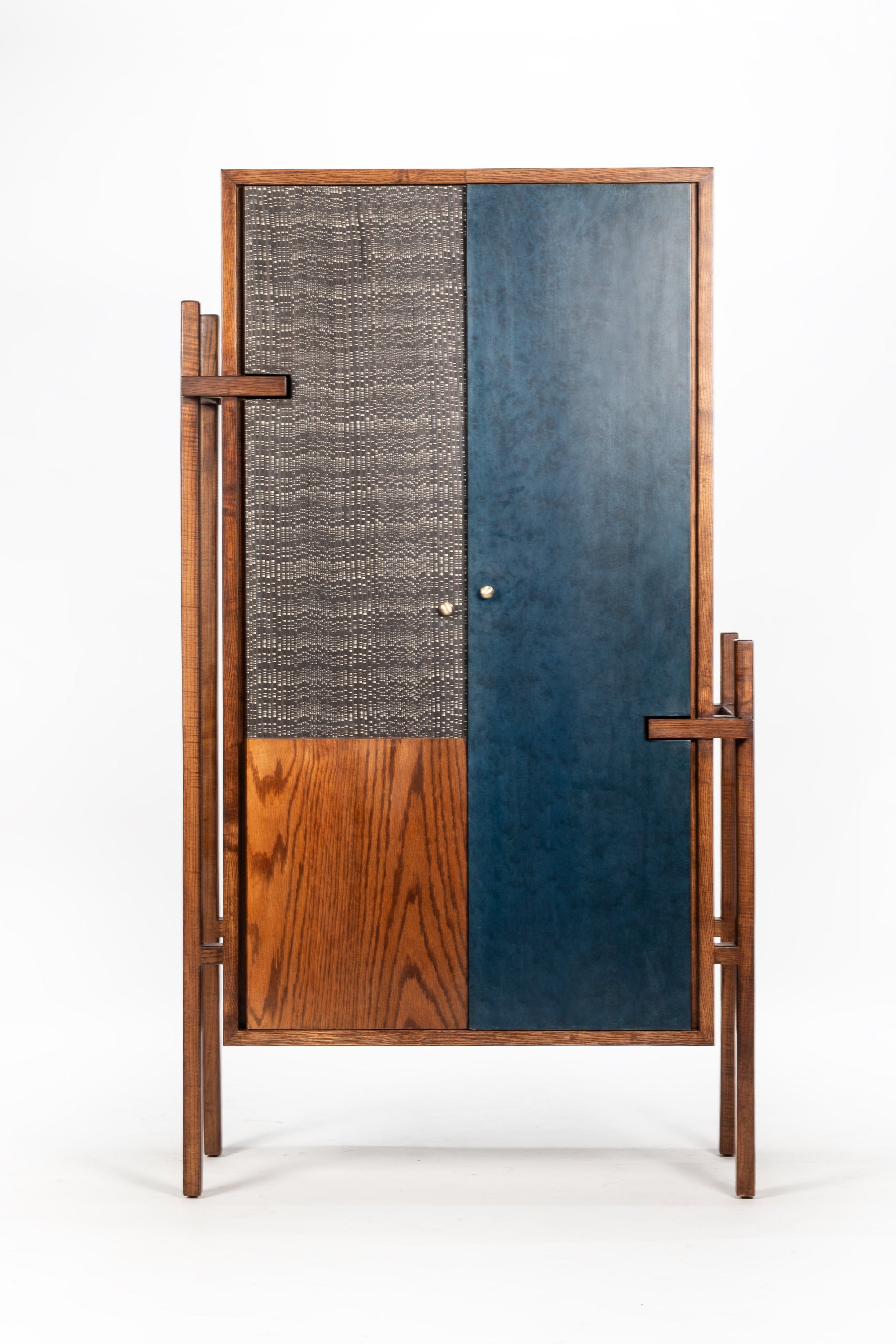 Wooden room divider with blue and brown panels on a white background