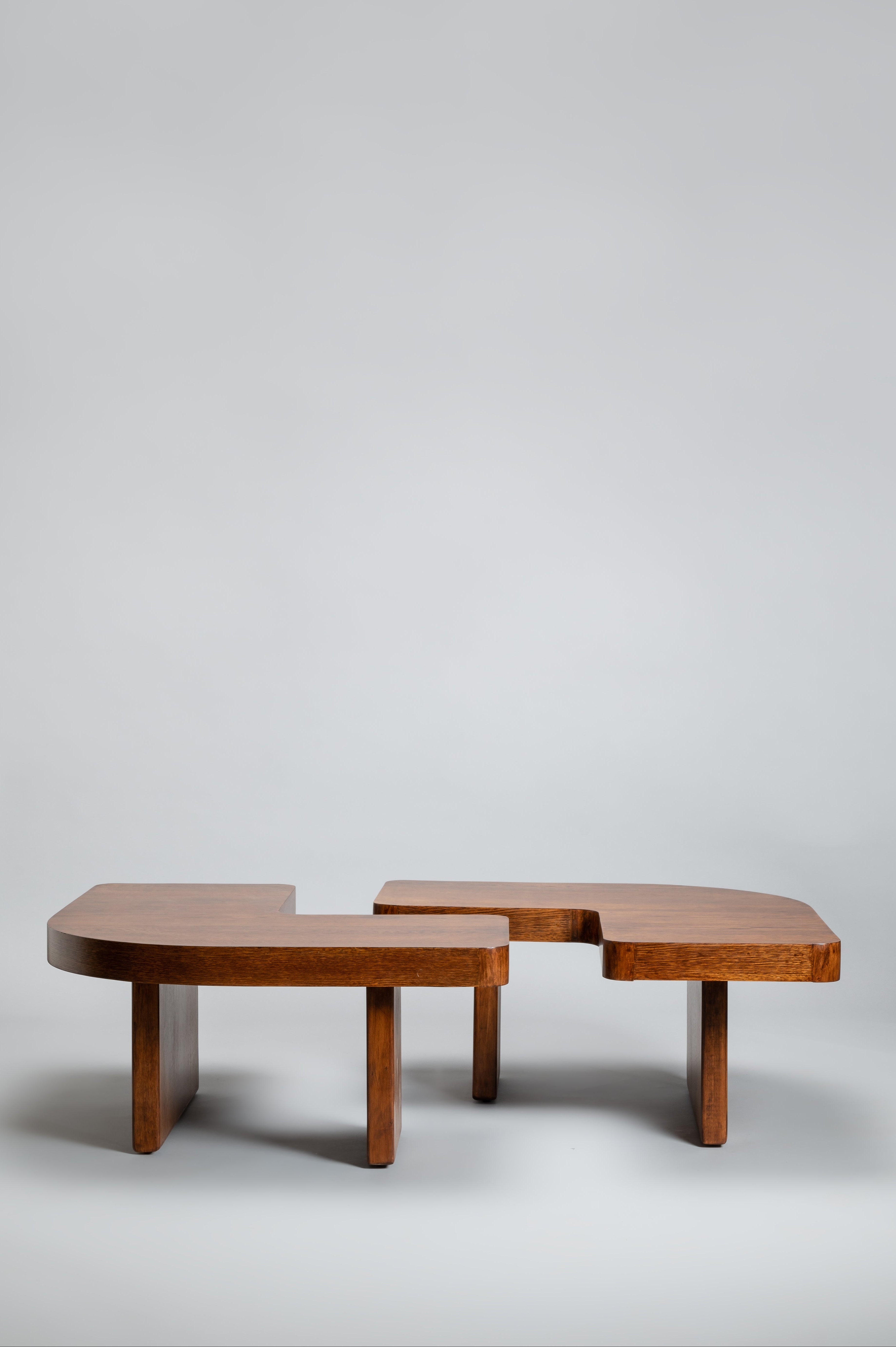 Two wooden coffee tables on a light gray background
