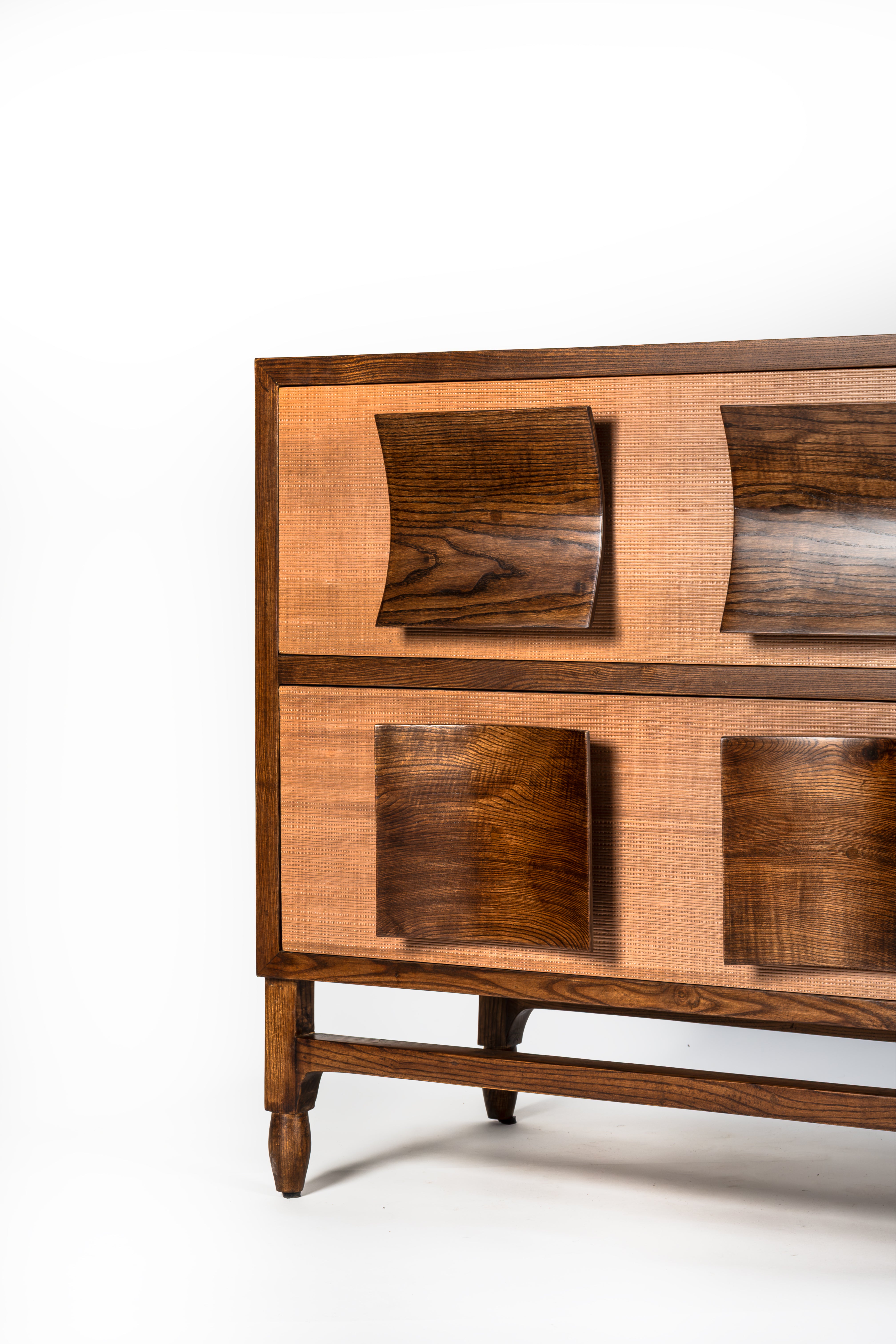 Wooden cabinet with a geometric design on a white background