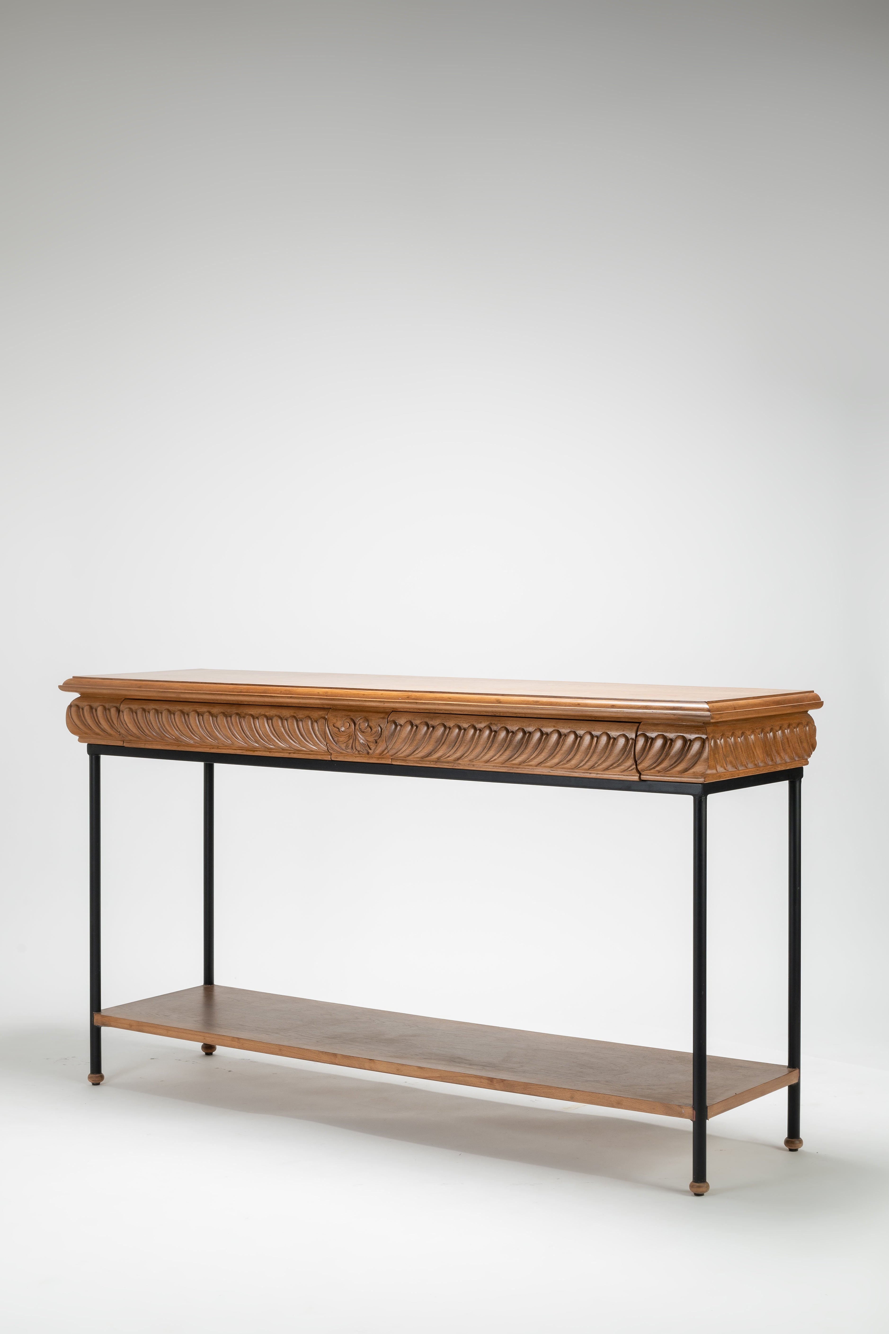 Wooden console table with metal legs on a white background