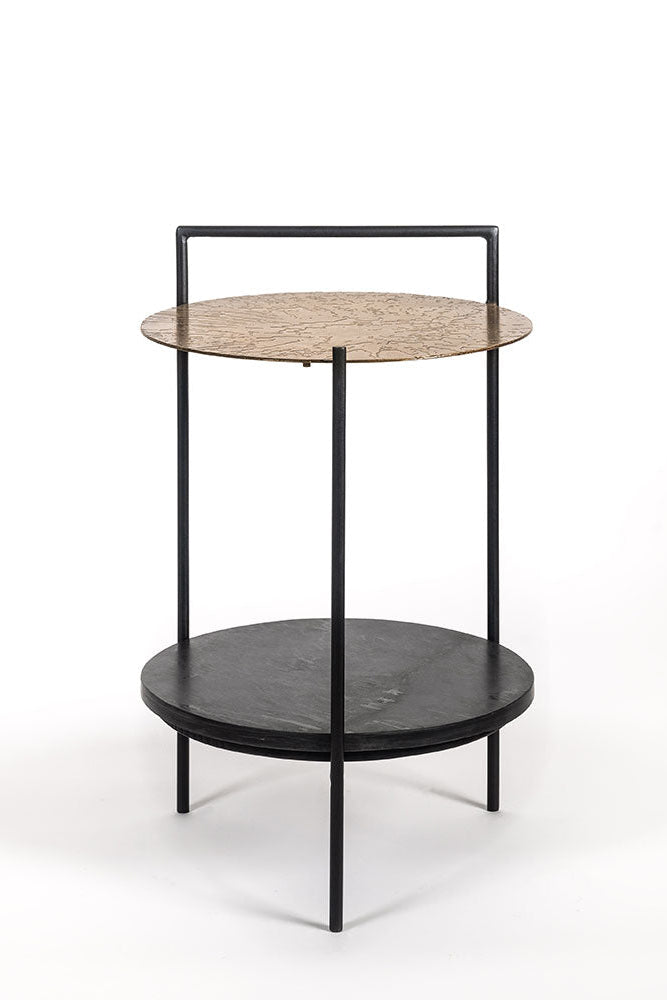 Two-tiered side table with marble top and black metal frame on a white background