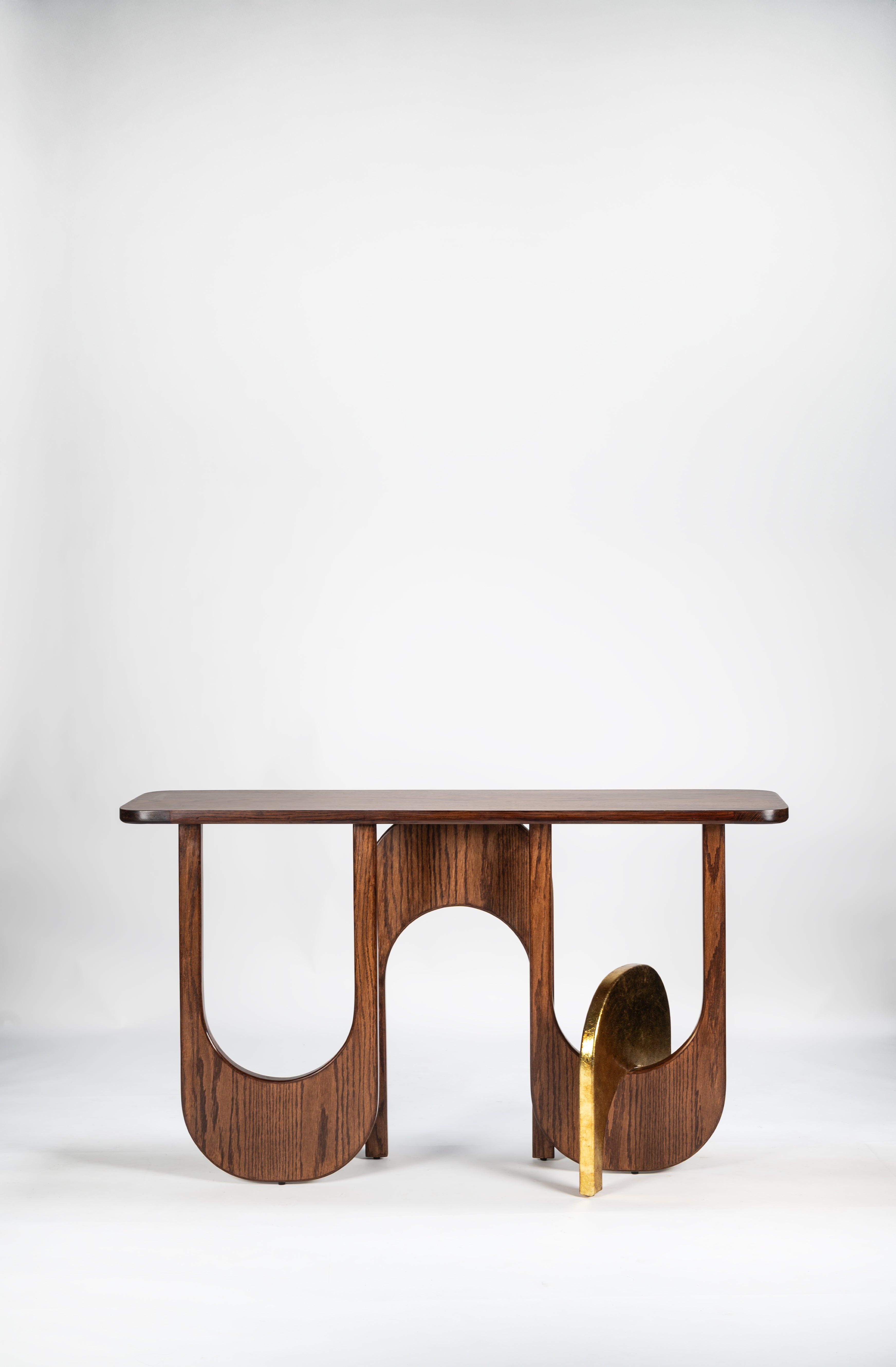 Wooden console table with a unique design on a white background