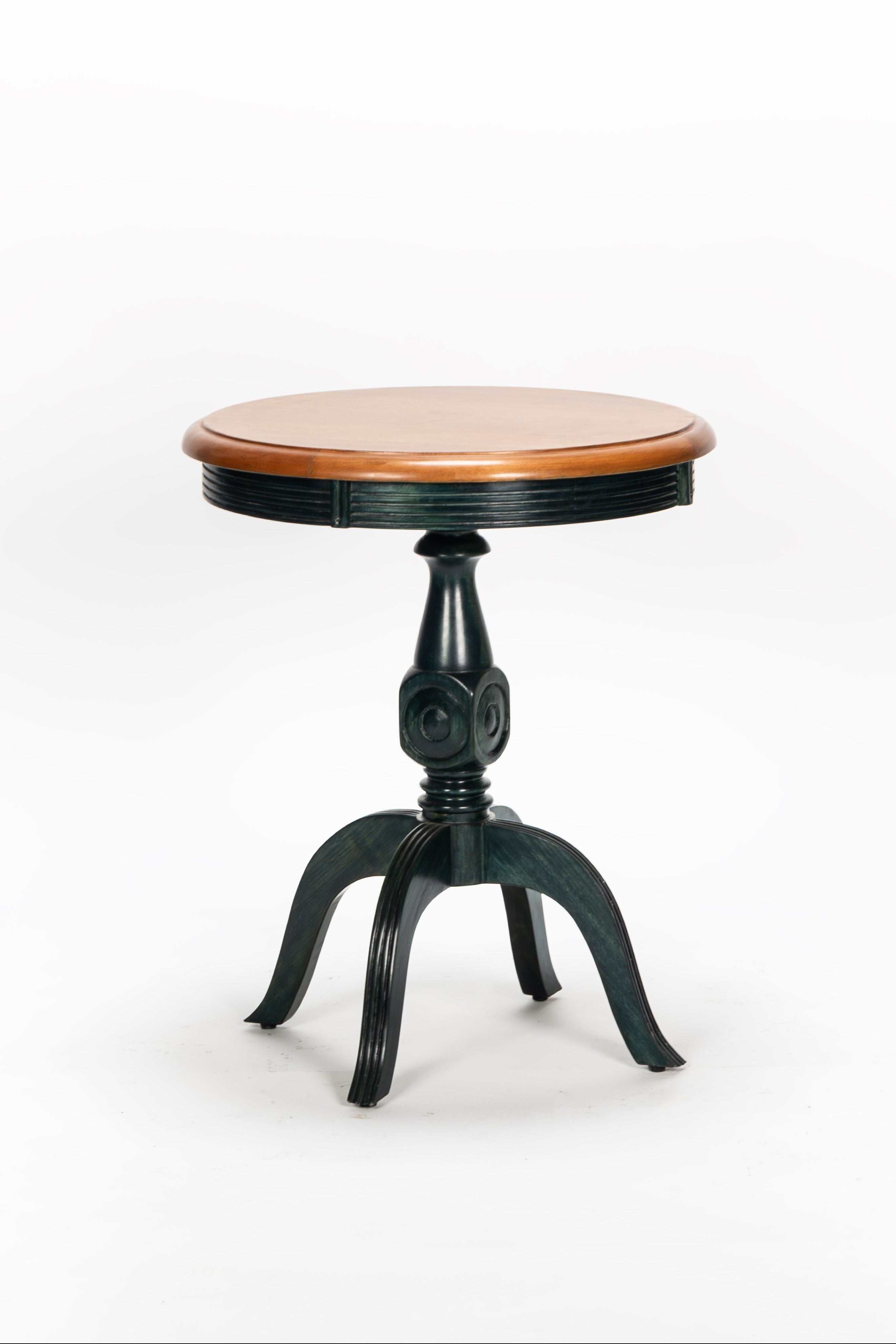 Small round table with wooden top and black metal base on a white background