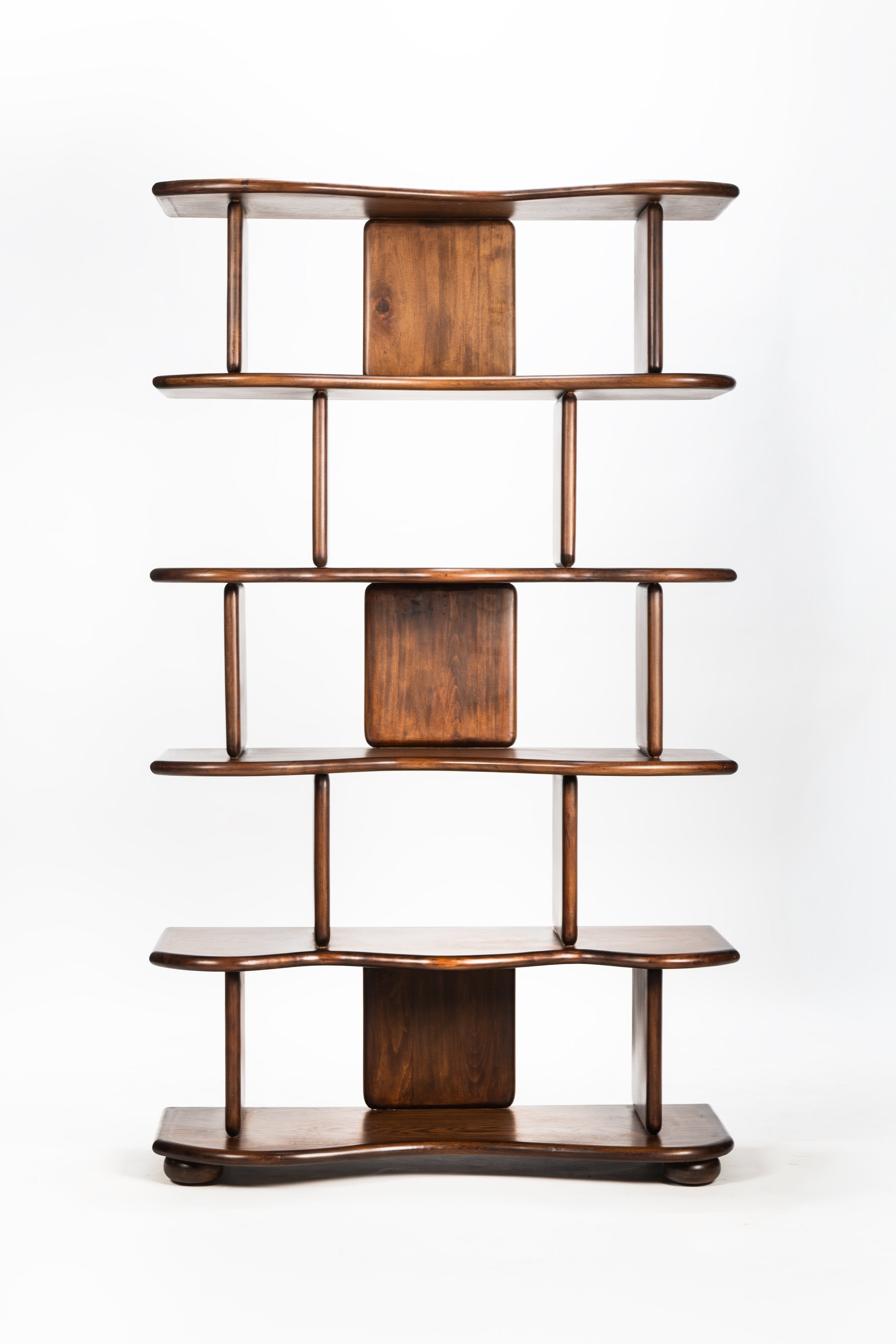 Wooden corner shelf with five shelves on a white background