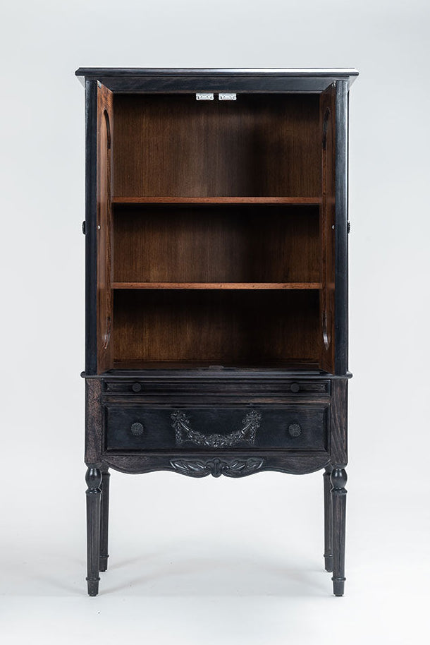 Dark wooden cabinet with open shelves on a white background
