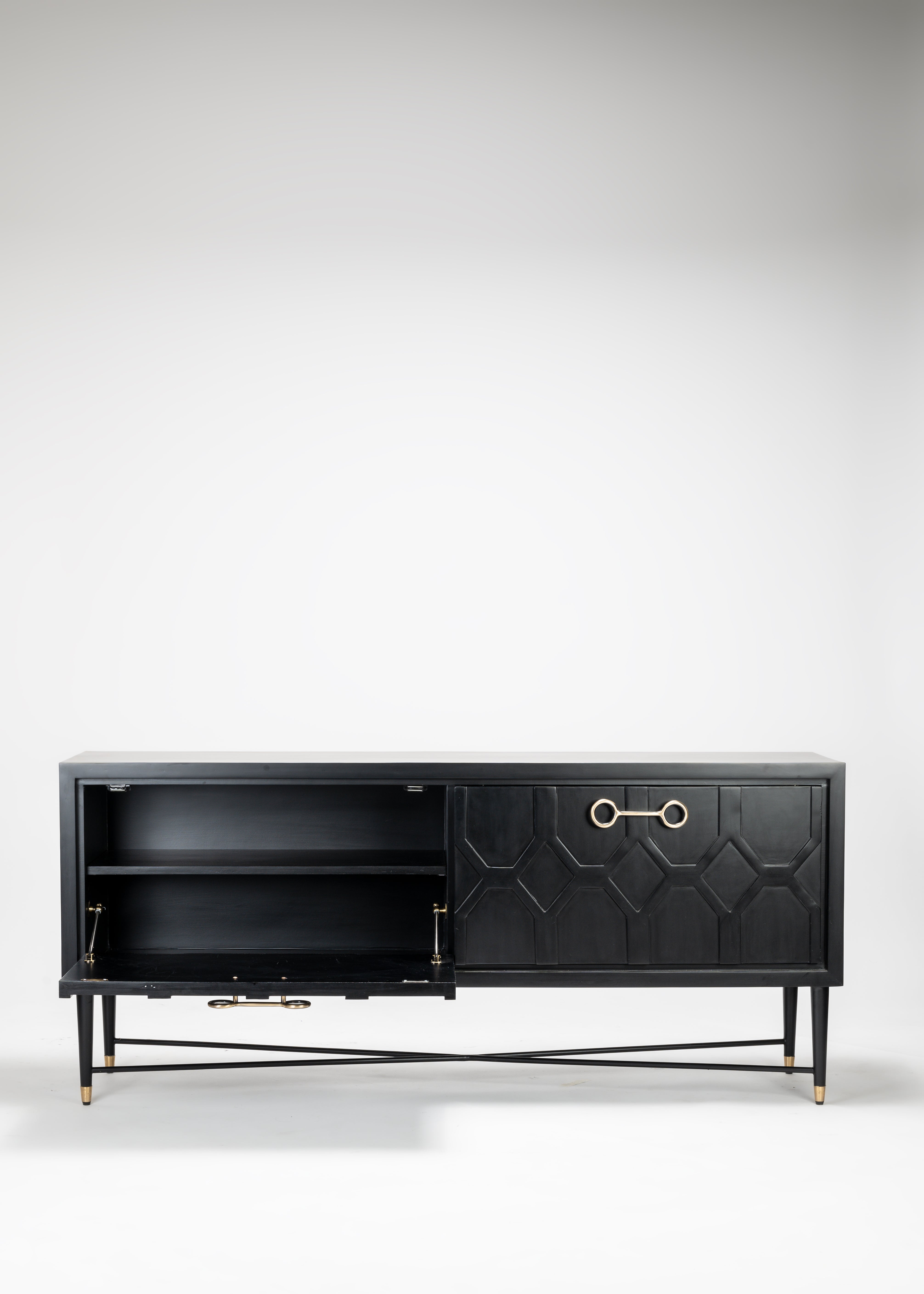Black cabinet with geometric design on a white background