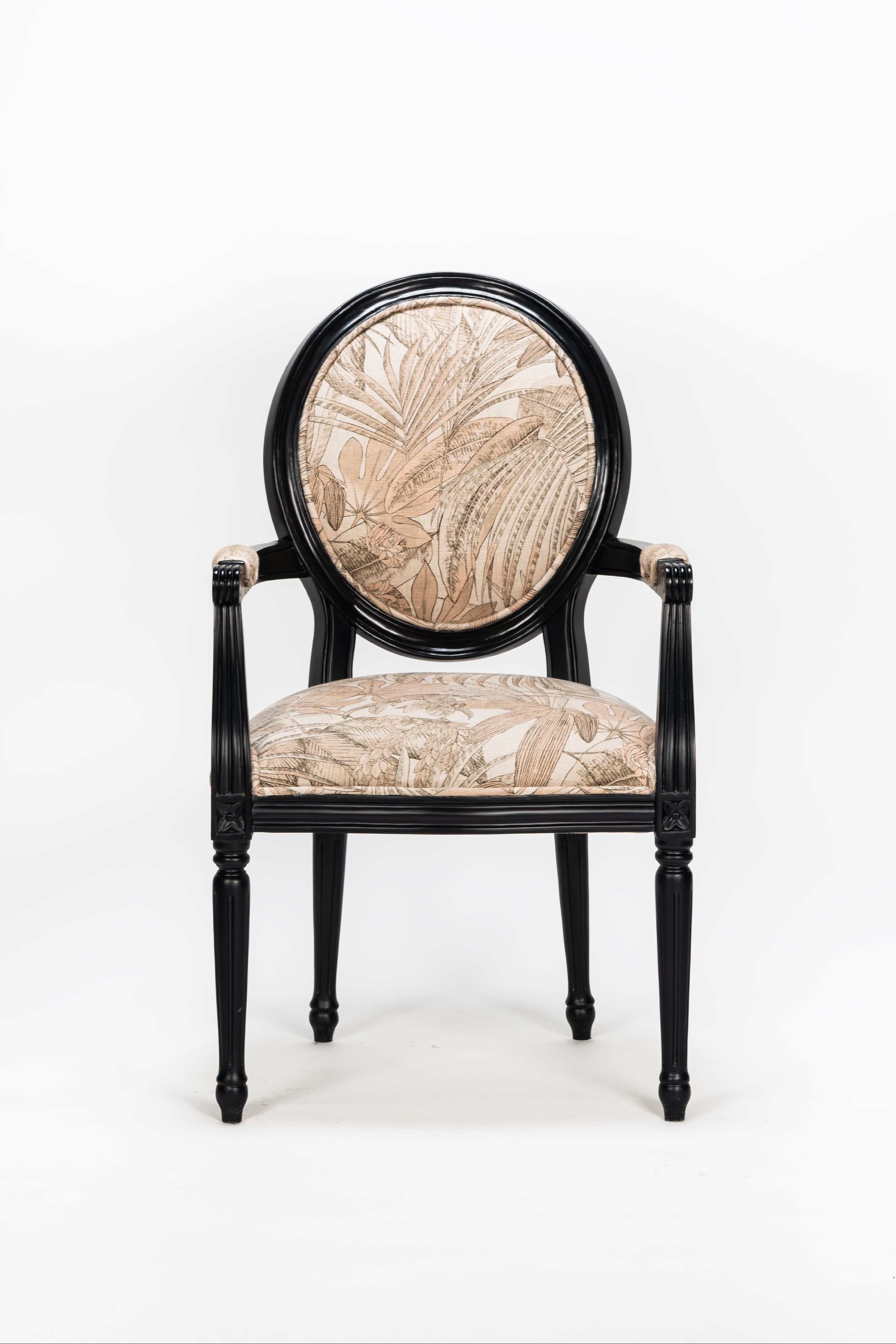 Decorative chair with intricate backrest design on a white background