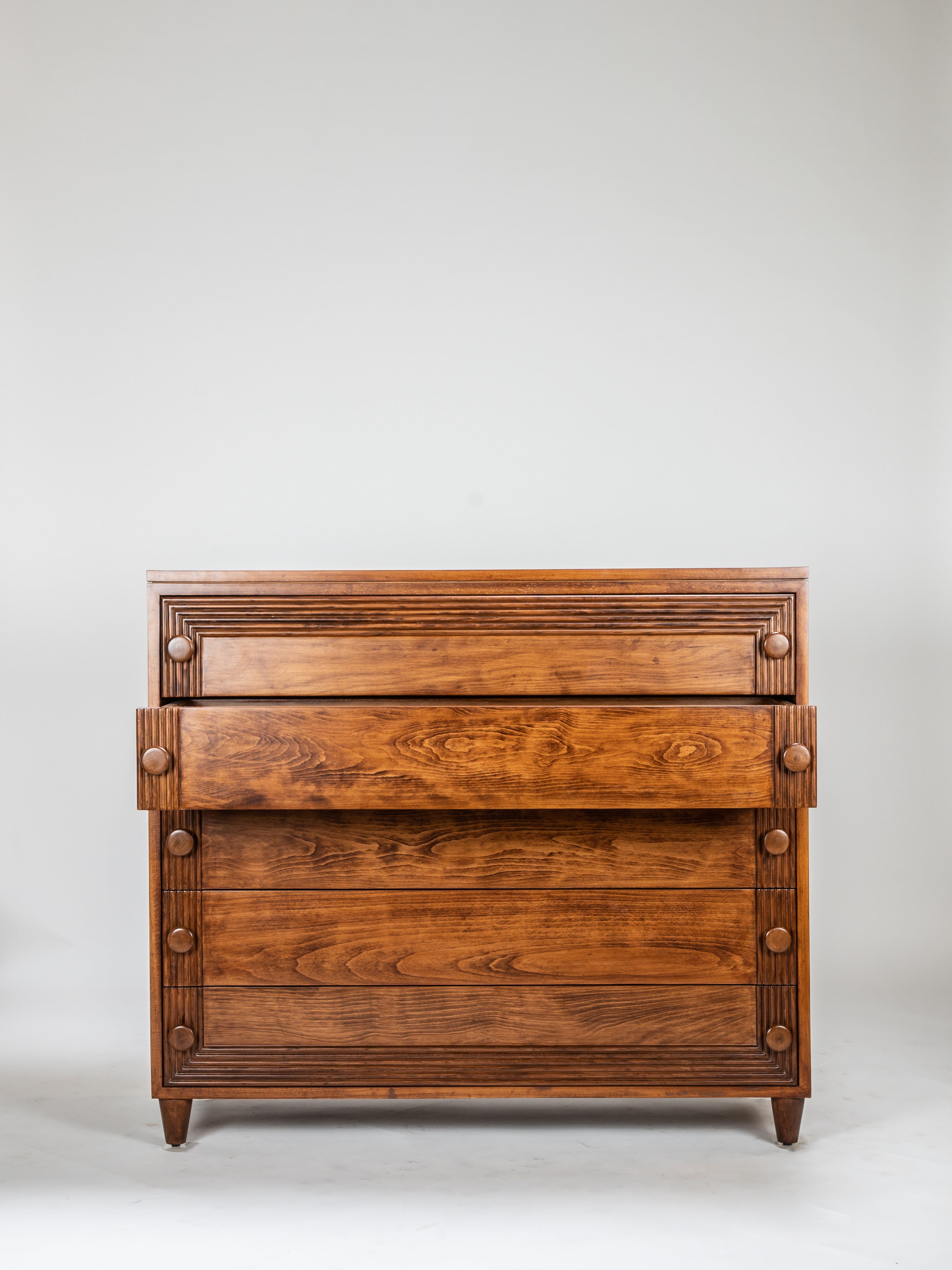 Wooden dresser with two drawers on a white background