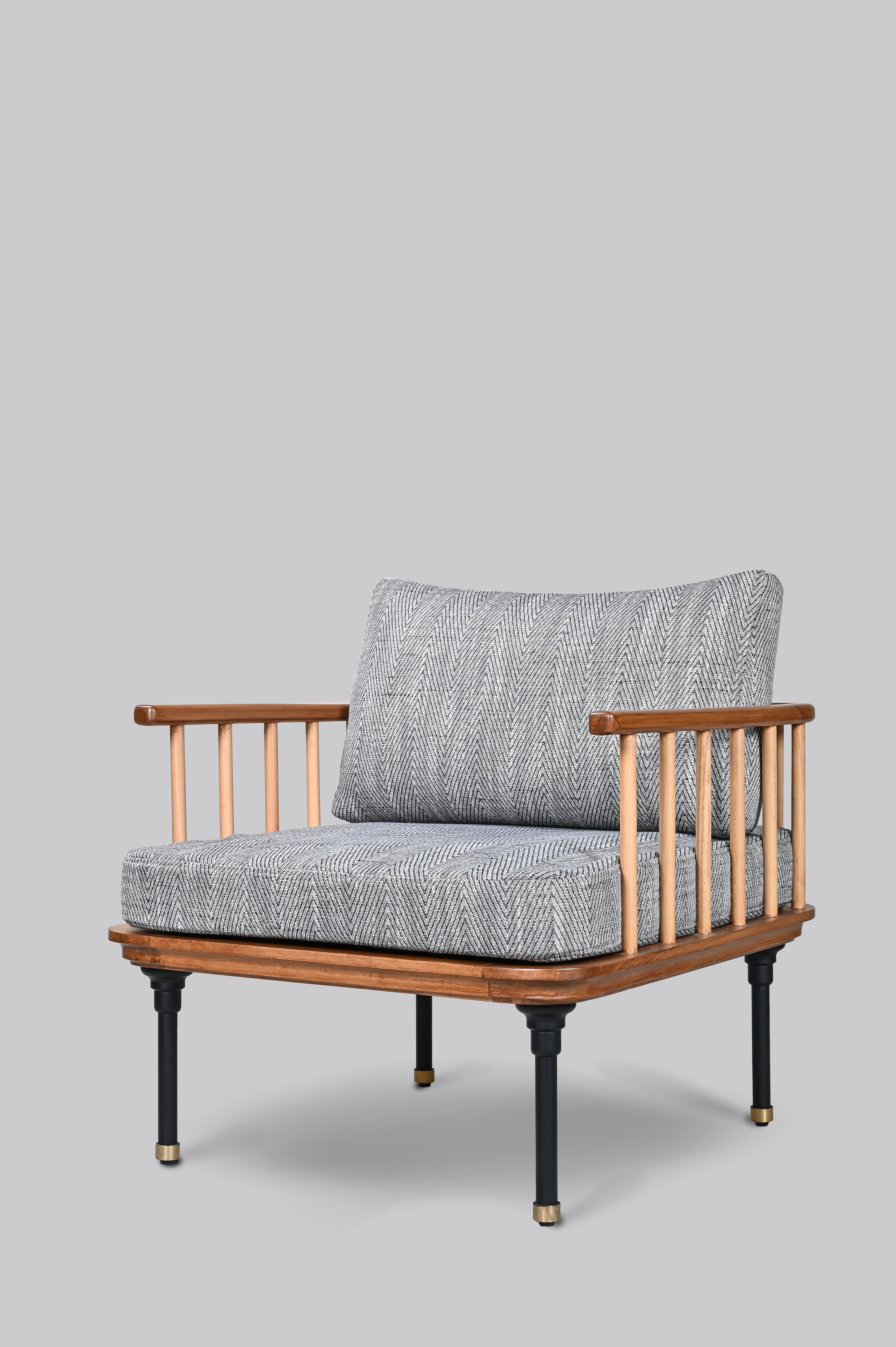 Sofa with wooden frame and gray cushions on a light gray background