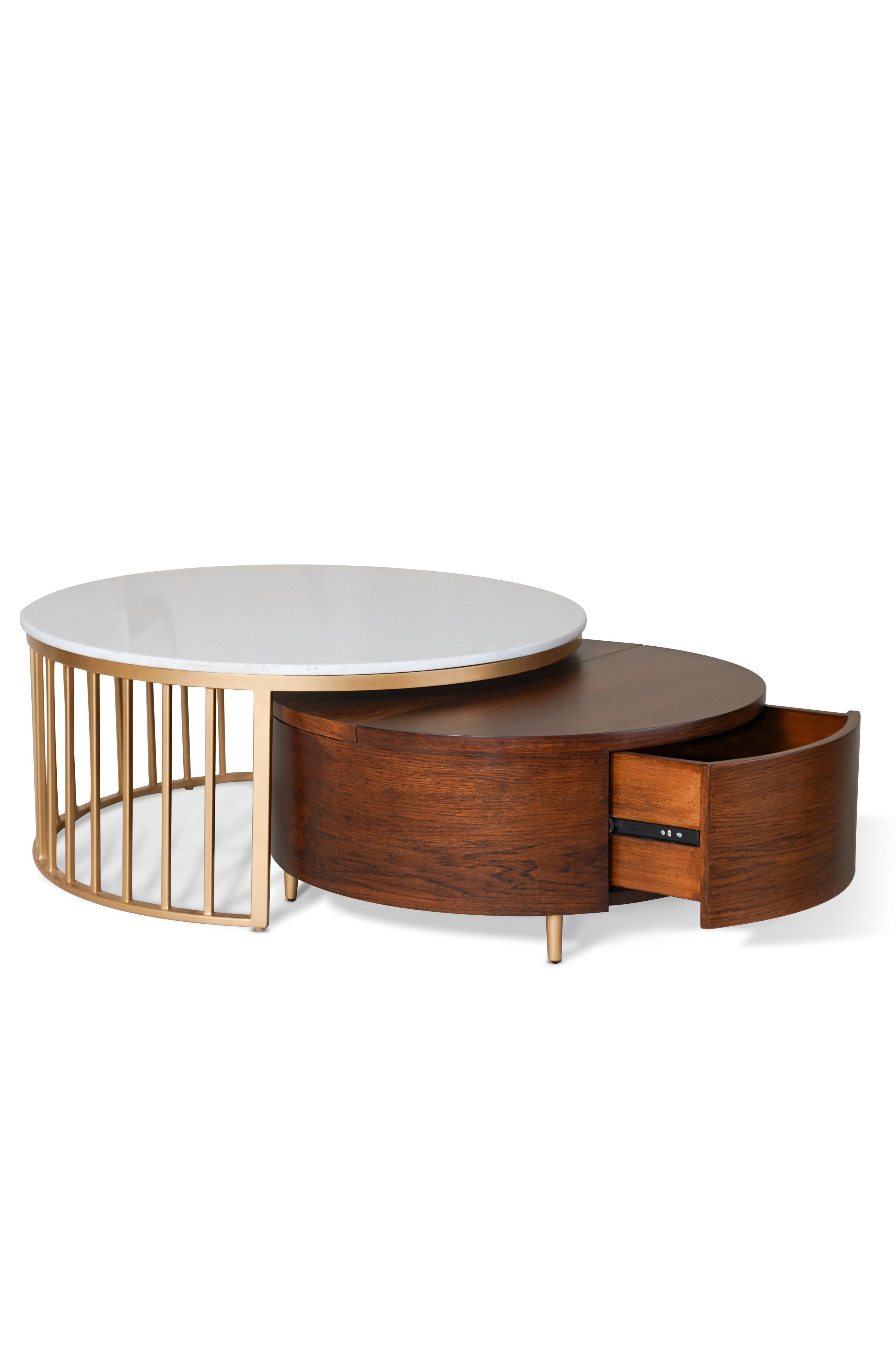 Round wooden coffee table with a white top on a white background