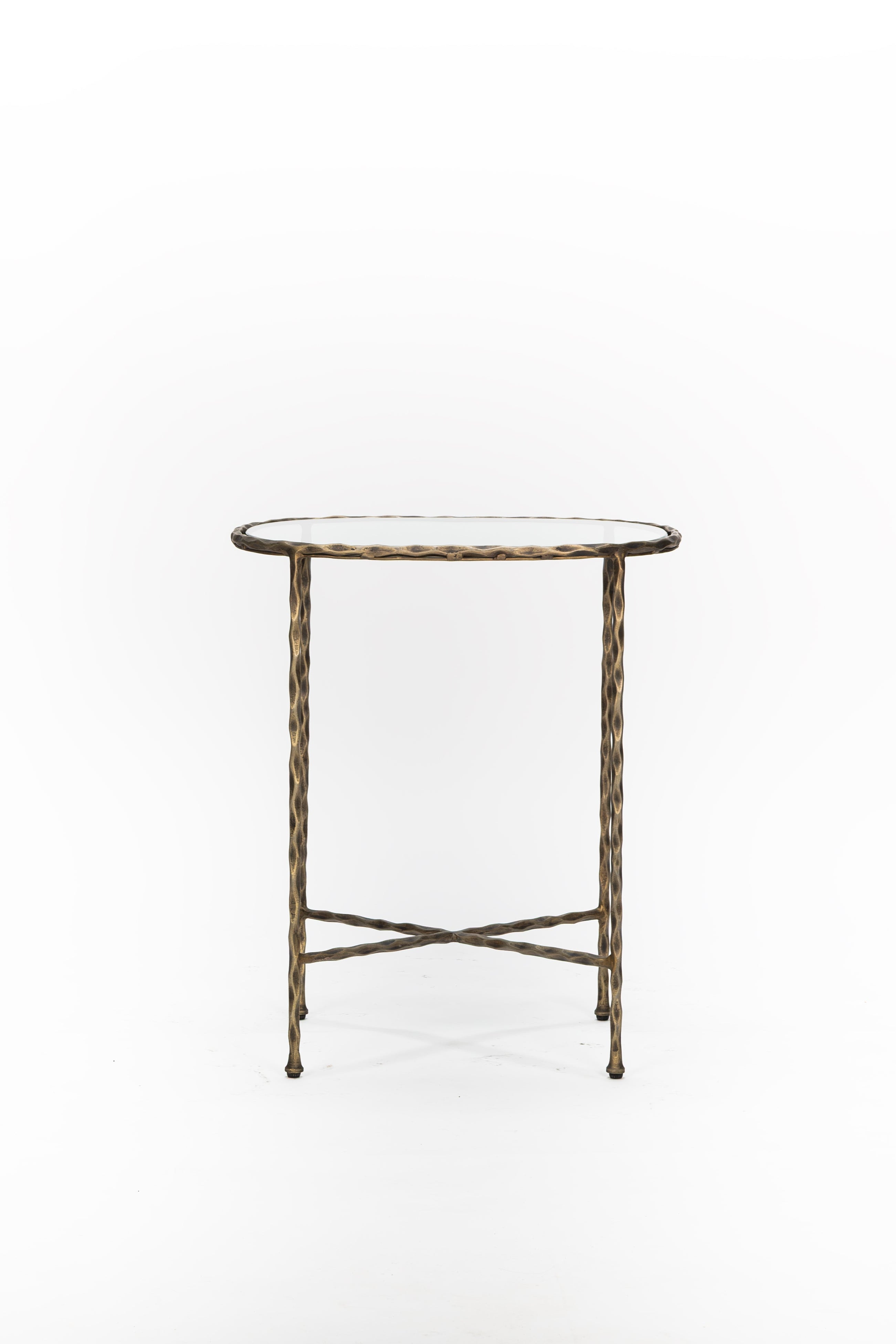 Small round table with a decorative metal frame on a white background