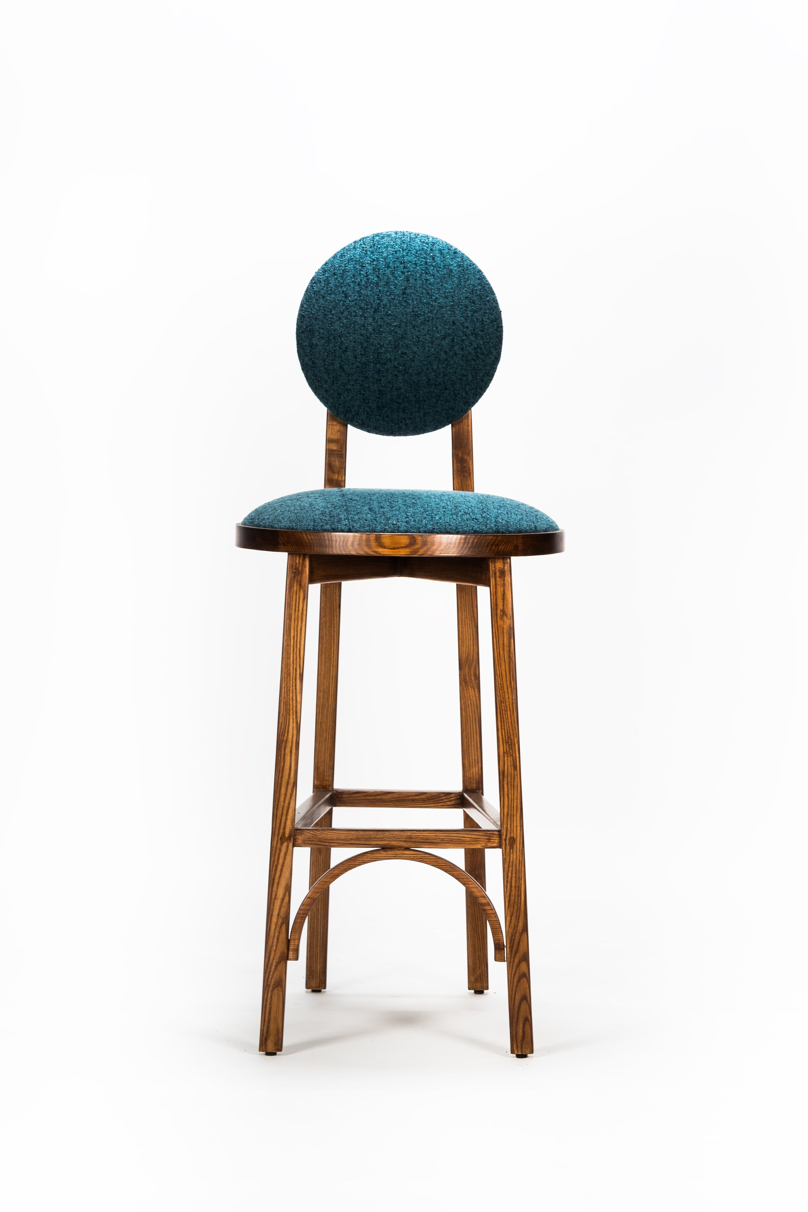 Bar stool with teal cushioned seat and backrest on a white background