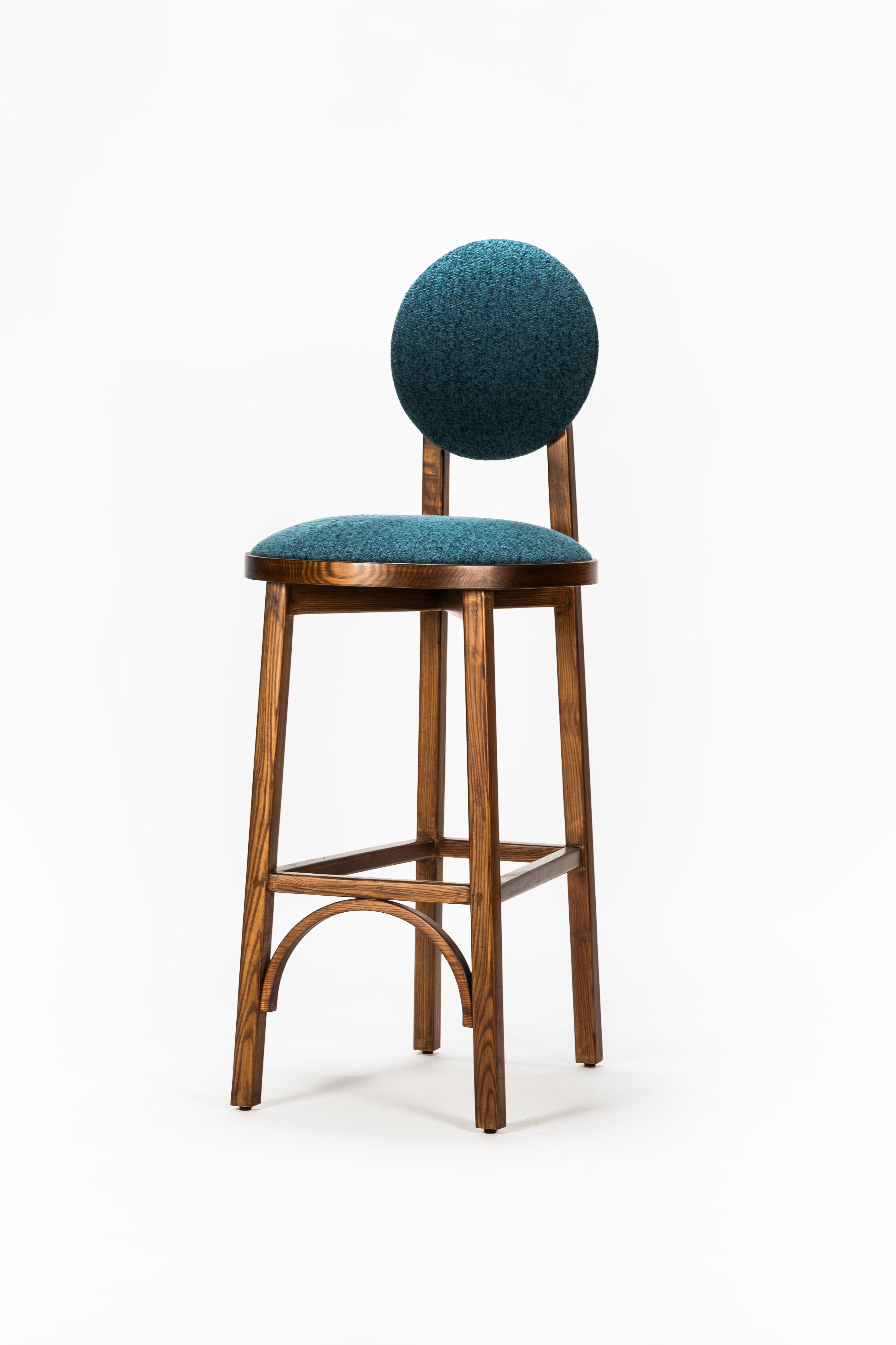Bar stool with teal cushioned seat and backrest on a white background