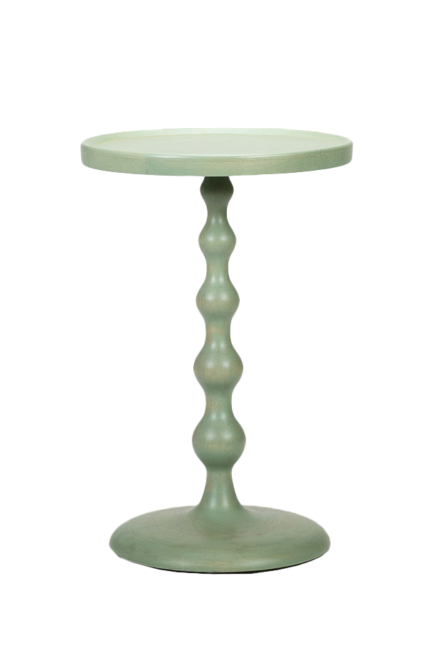 Green side table with a textured cylindrical design on a white background