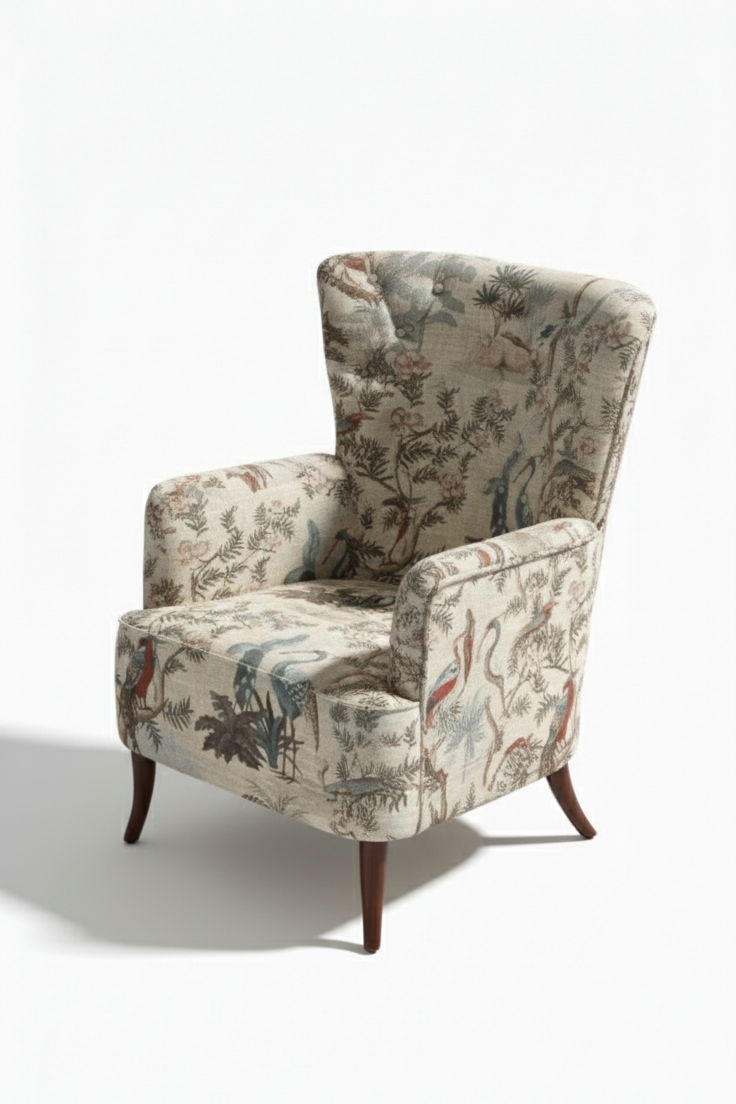 Decorative armchair with floral pattern on a white background