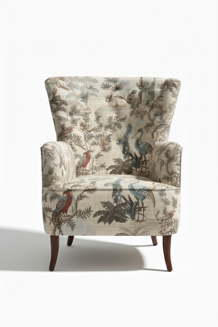 Decorative armchair with bird pattern on a white background