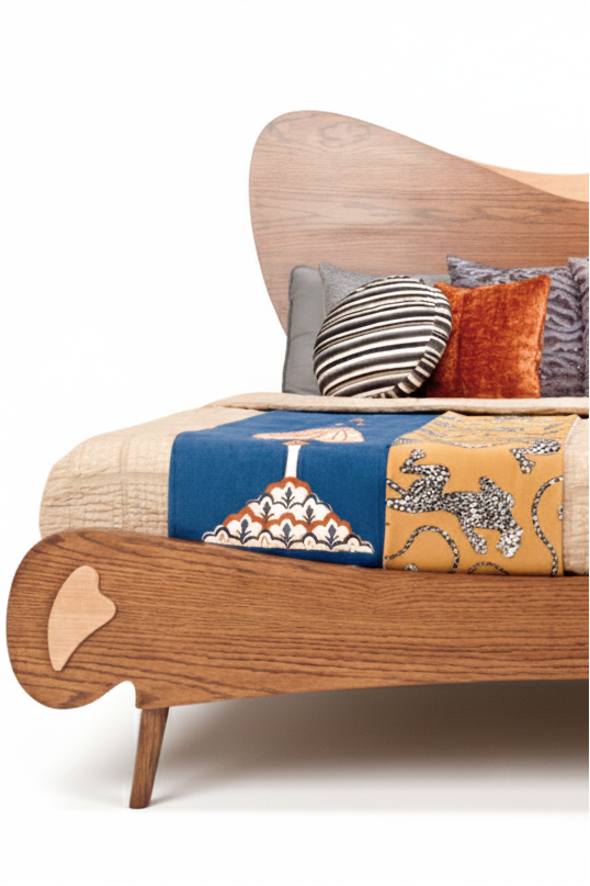 Wooden bed with colorful bedding and pillows on a white background