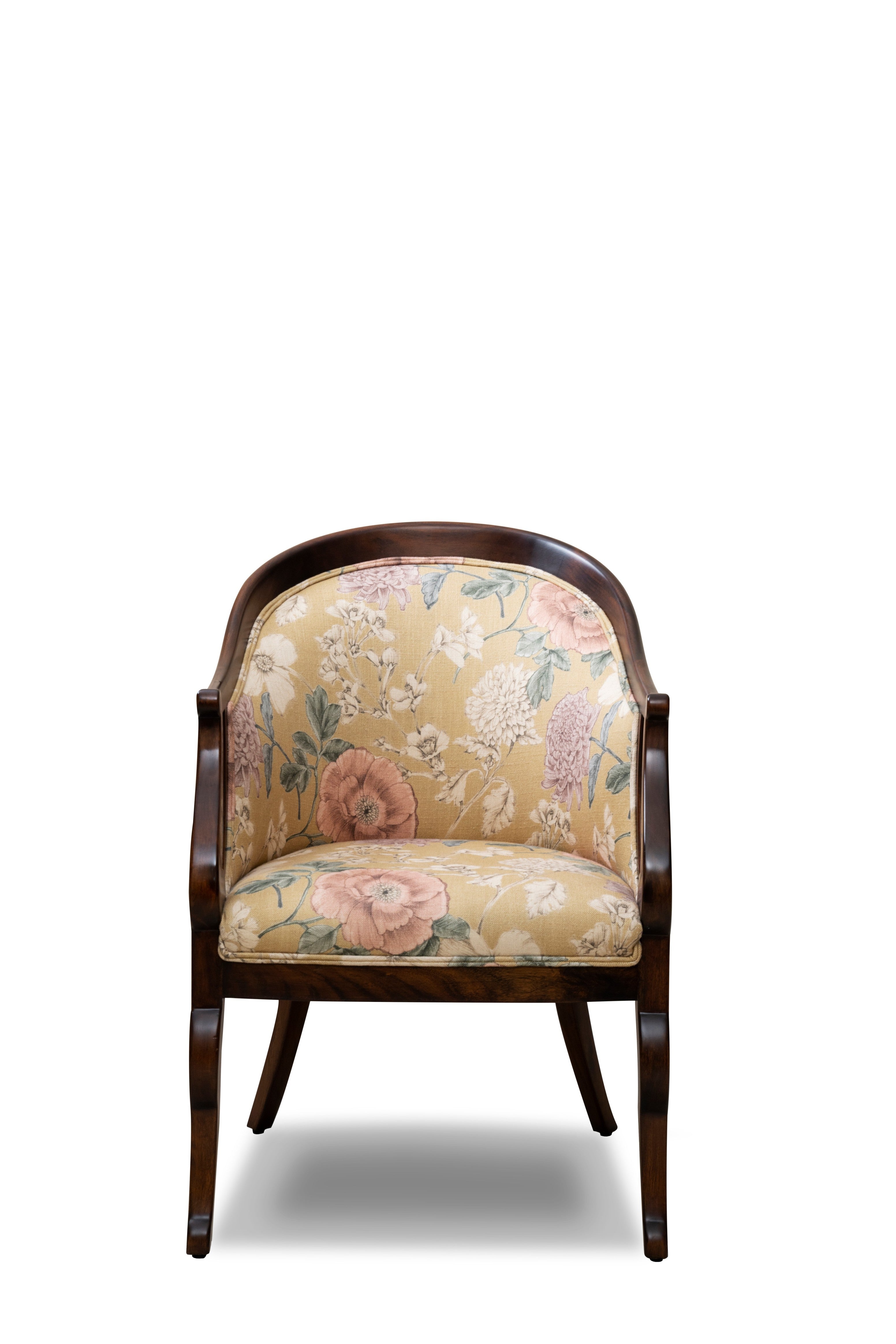 Chair with floral patterned cushion on a white background