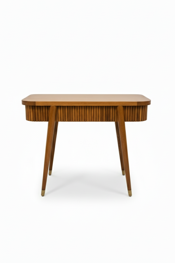 Wooden side table with a wavy edge design on a white background