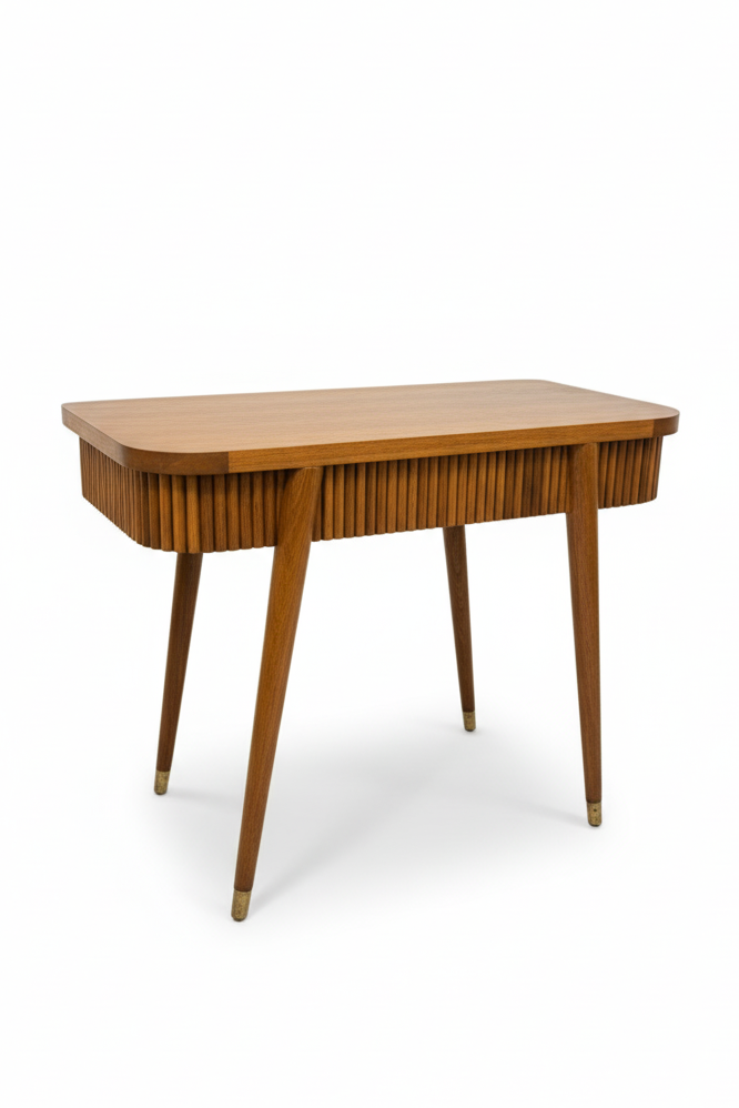 Wooden desk with a wavy edge design on a white background