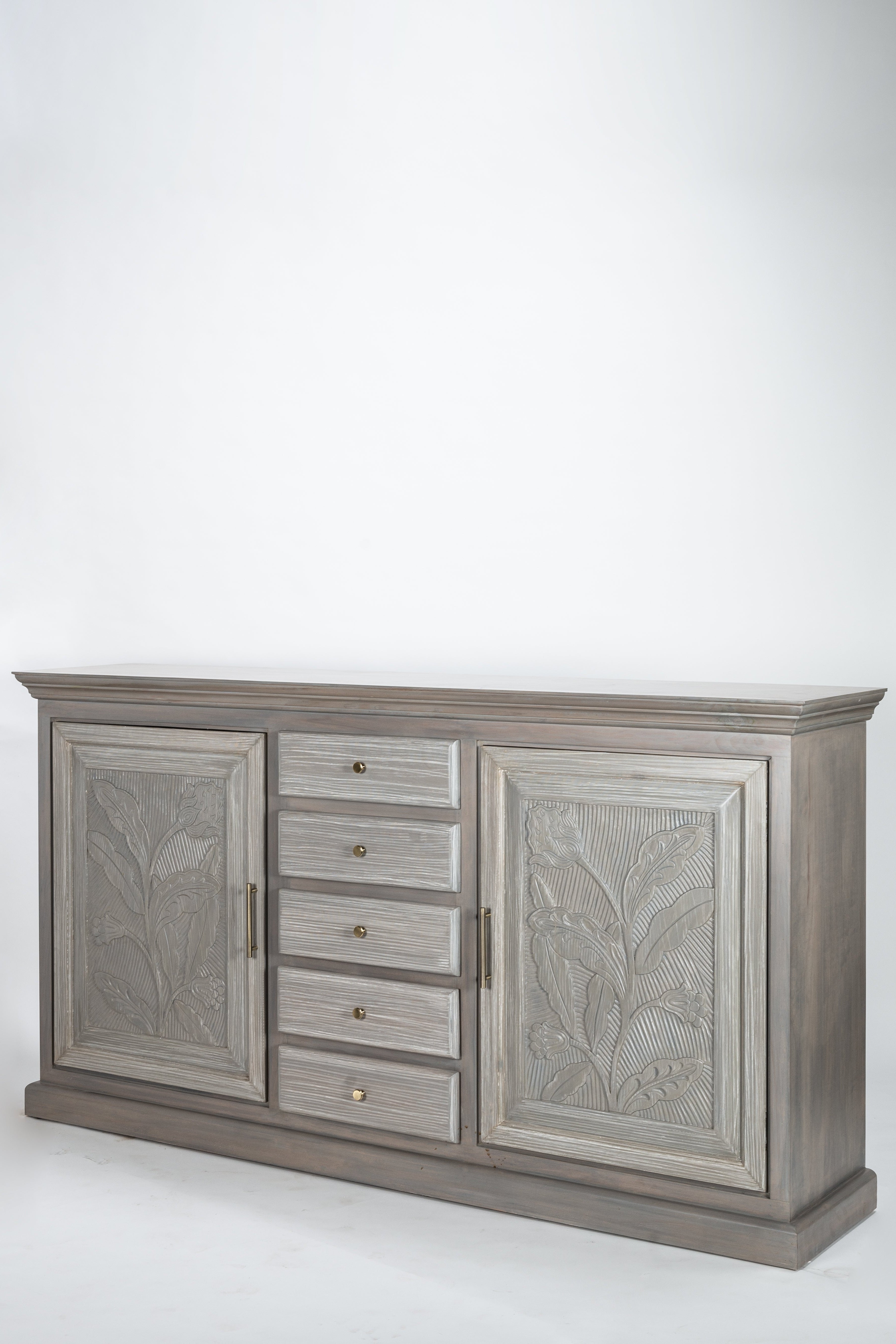 Gray sideboard with decorative panels on a white background