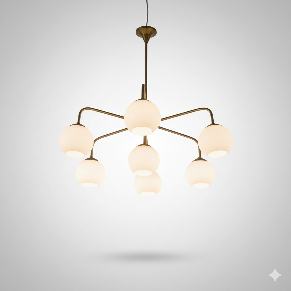 Modern chandelier with multiple round glass shades on a gray background