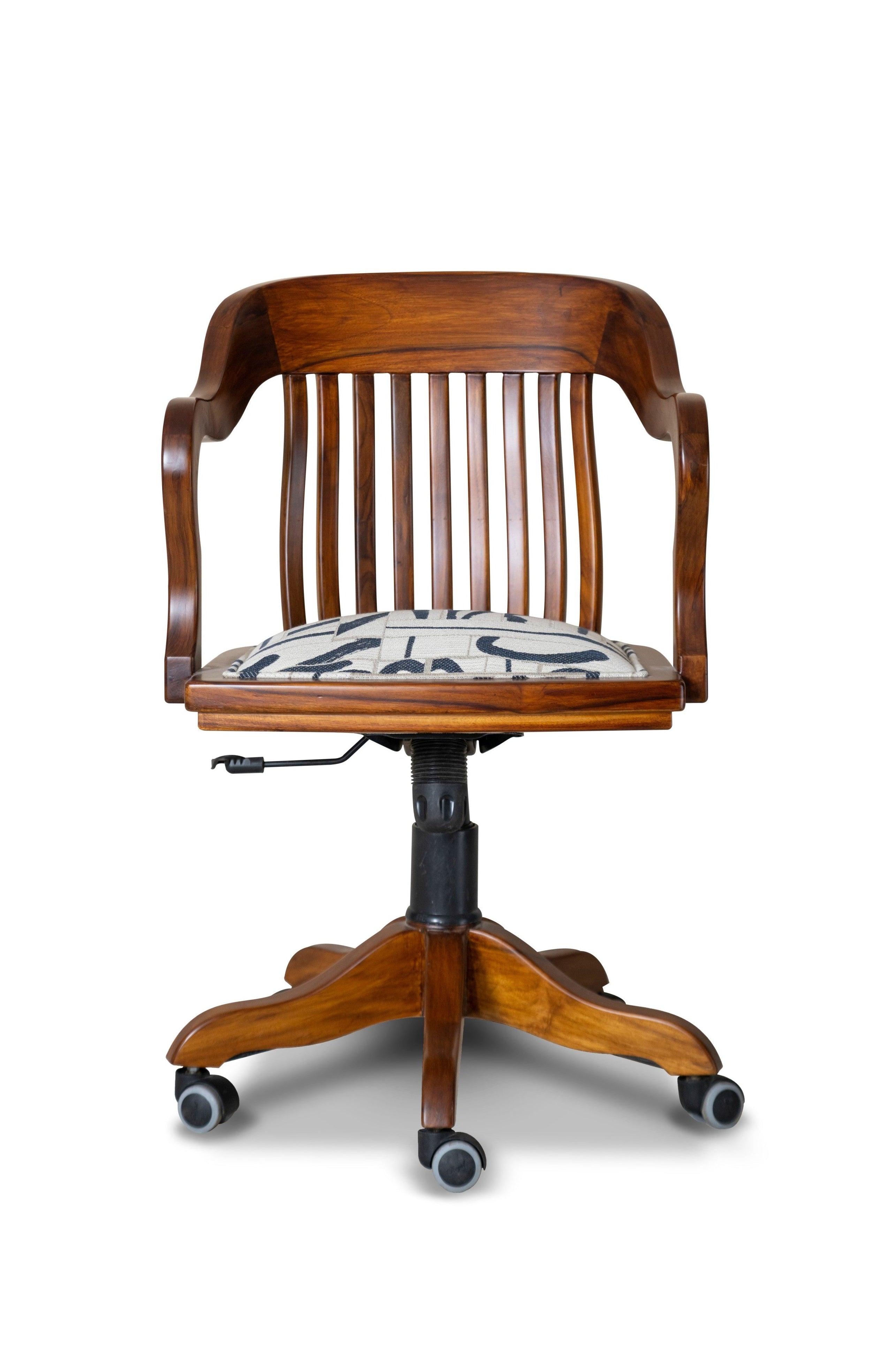 Wooden office chair with a patterned cushion on a white background