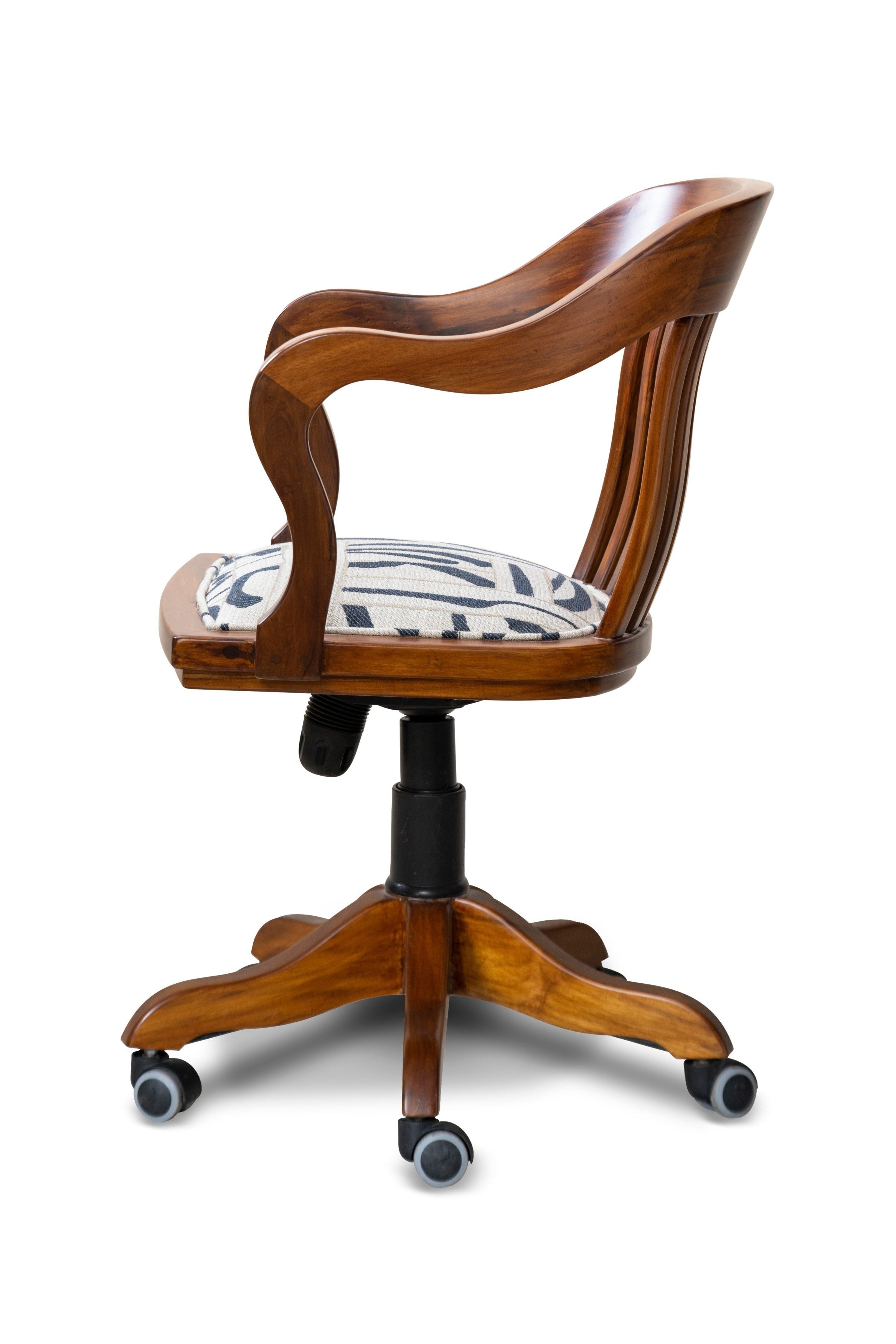 Wooden office chair with a patterned cushion on a white background