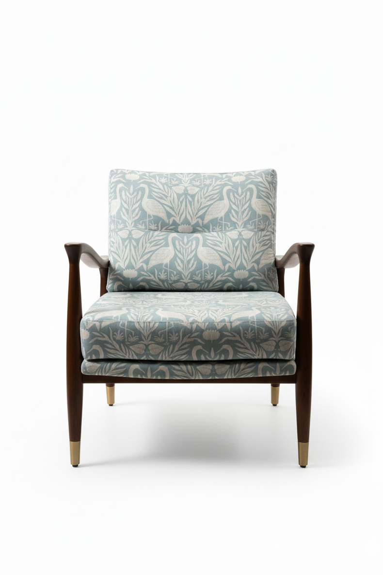 Chair with floral patterned fabric on a white background