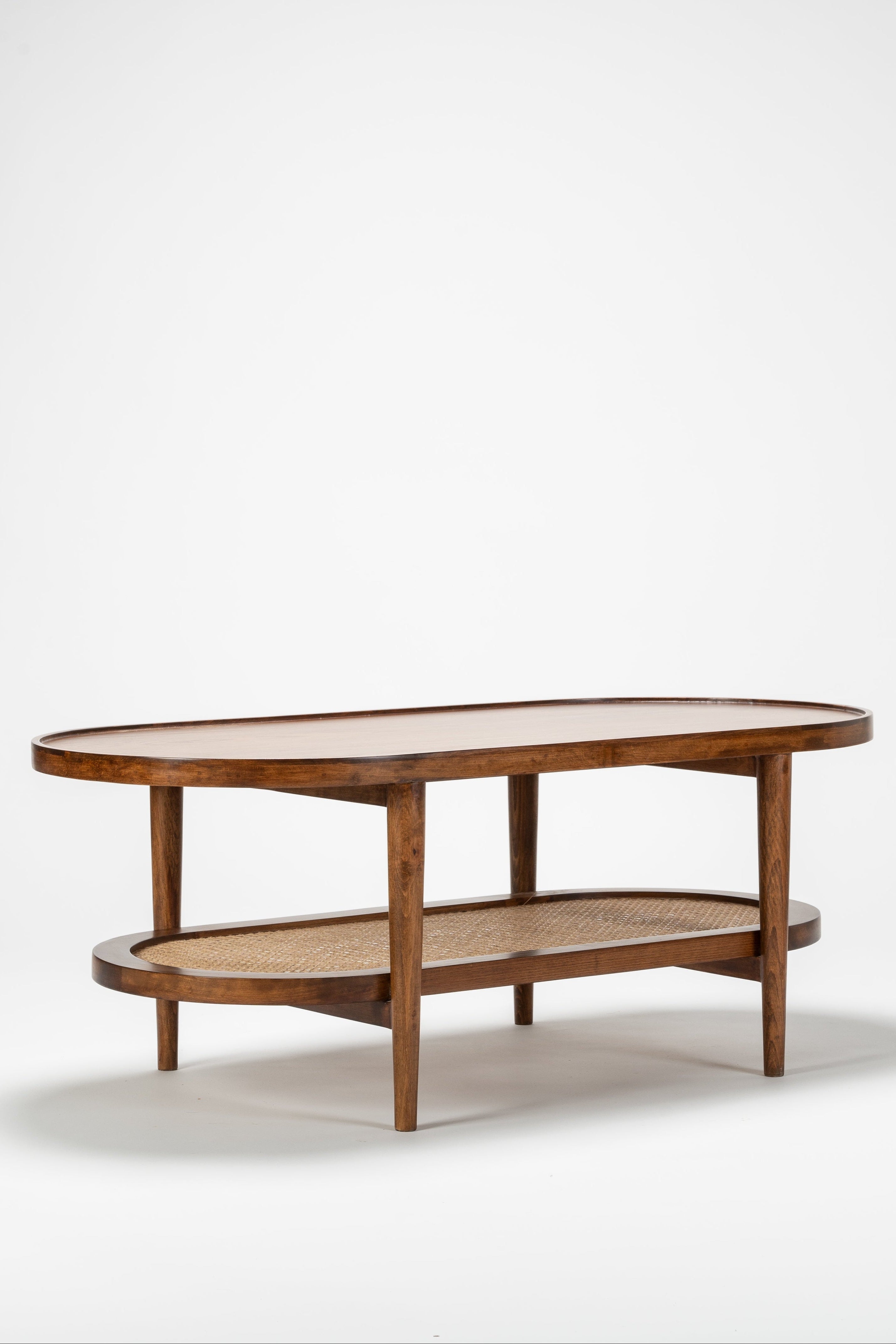 Wooden coffee table with a white marble top on a light gray background