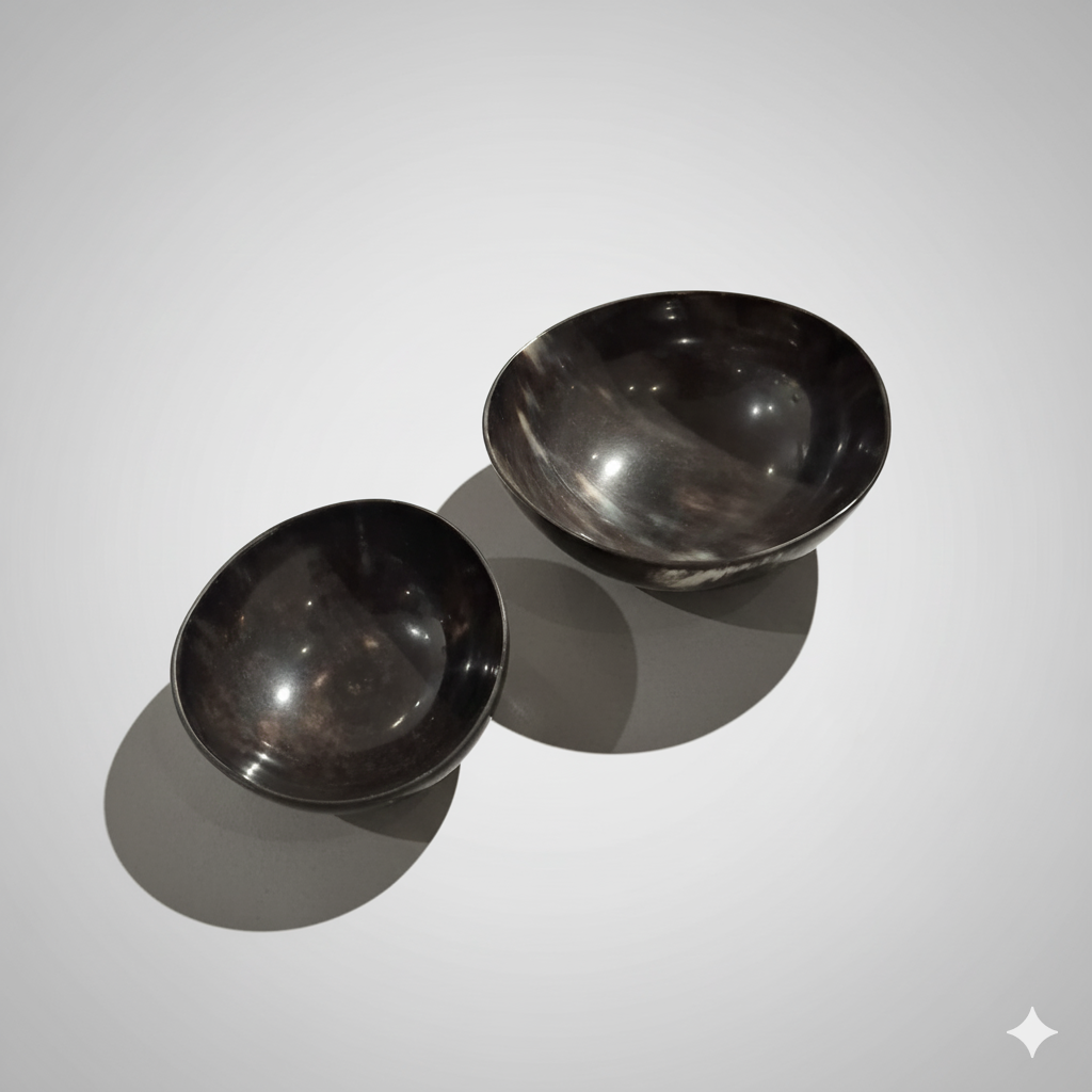 Two black ceramic bowls on a white background