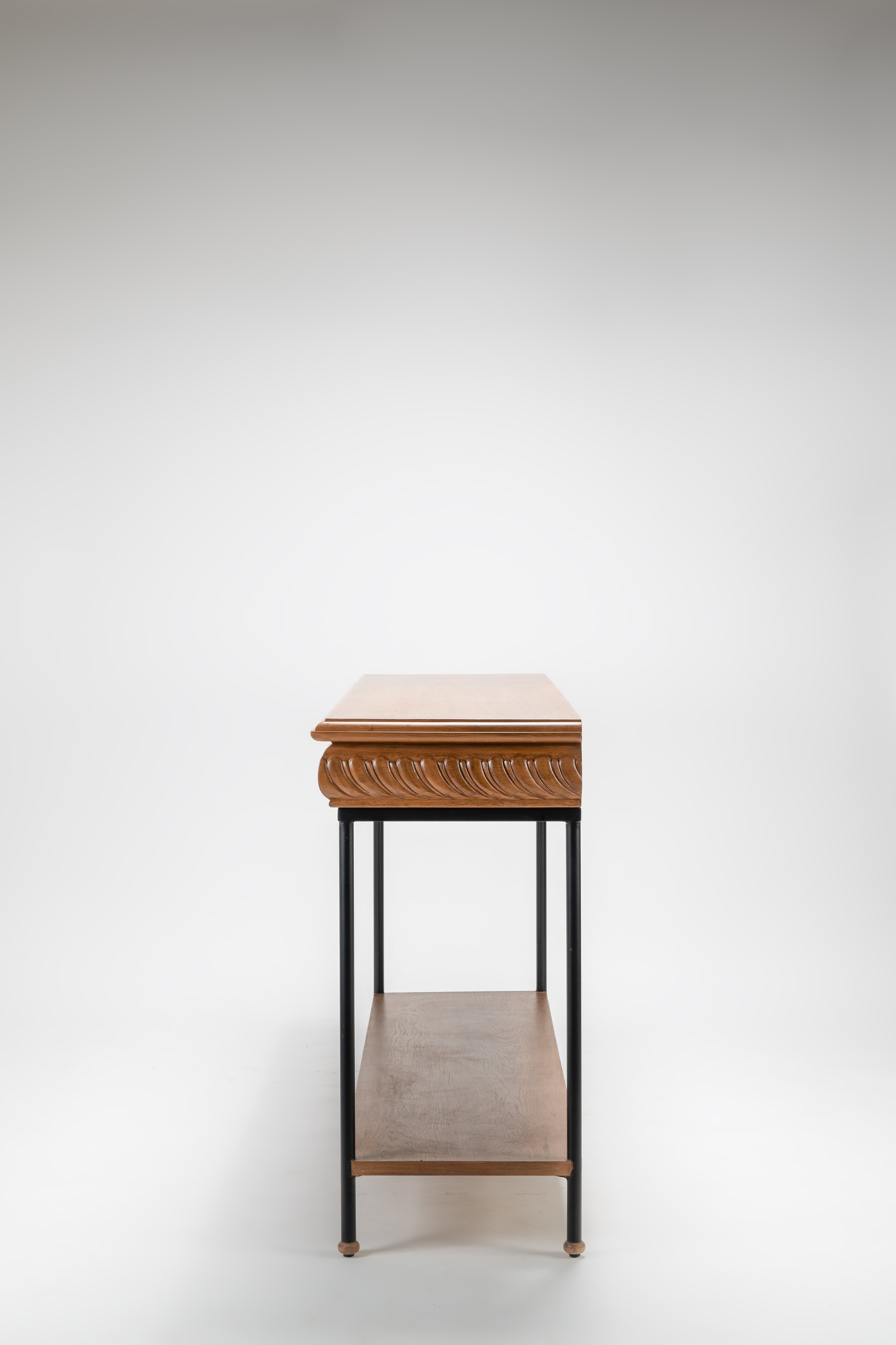 Small wooden side table with a textured surface on a white background