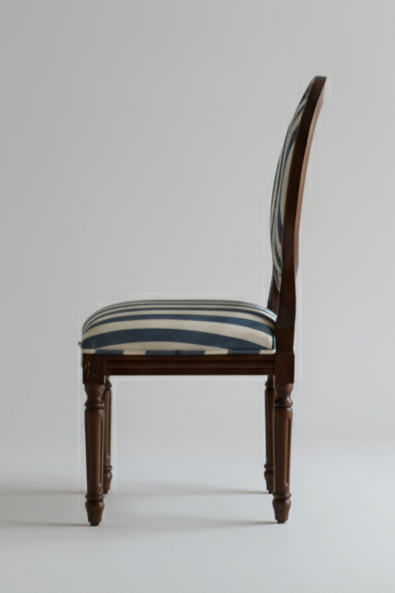 Wooden chair with striped cushion on a plain background