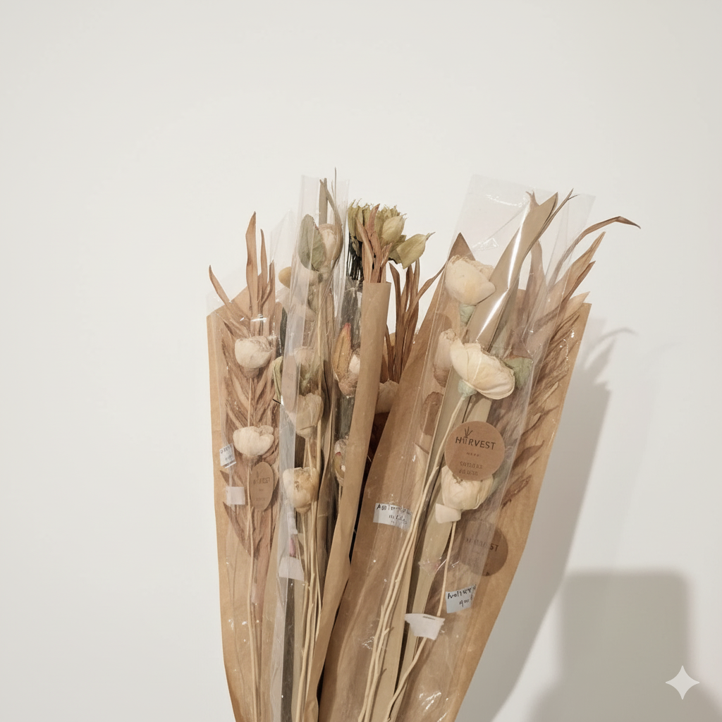 Bouquet of dried flowers in brown paper packaging on a light background