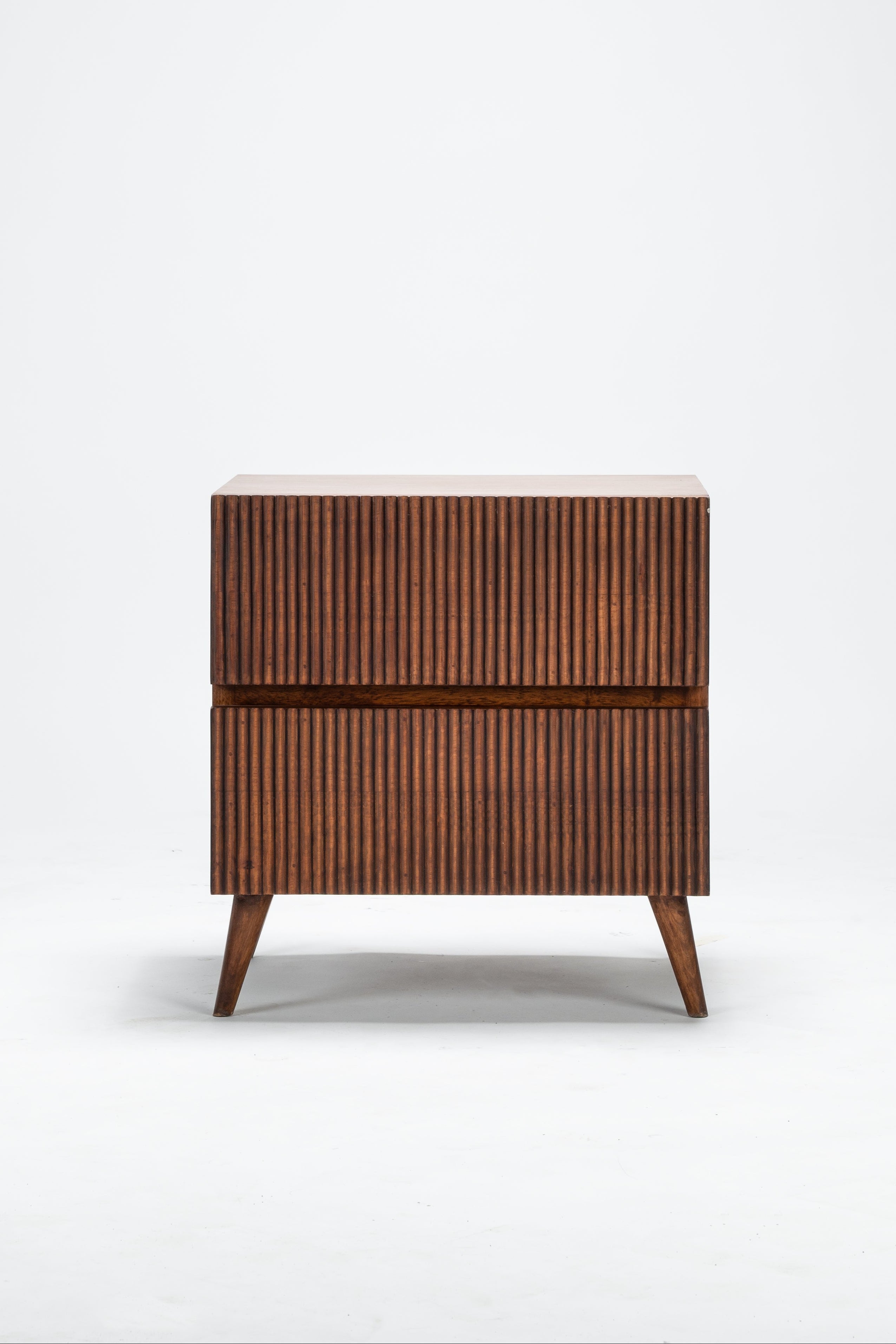 Wooden cabinet with slatted design on a white background