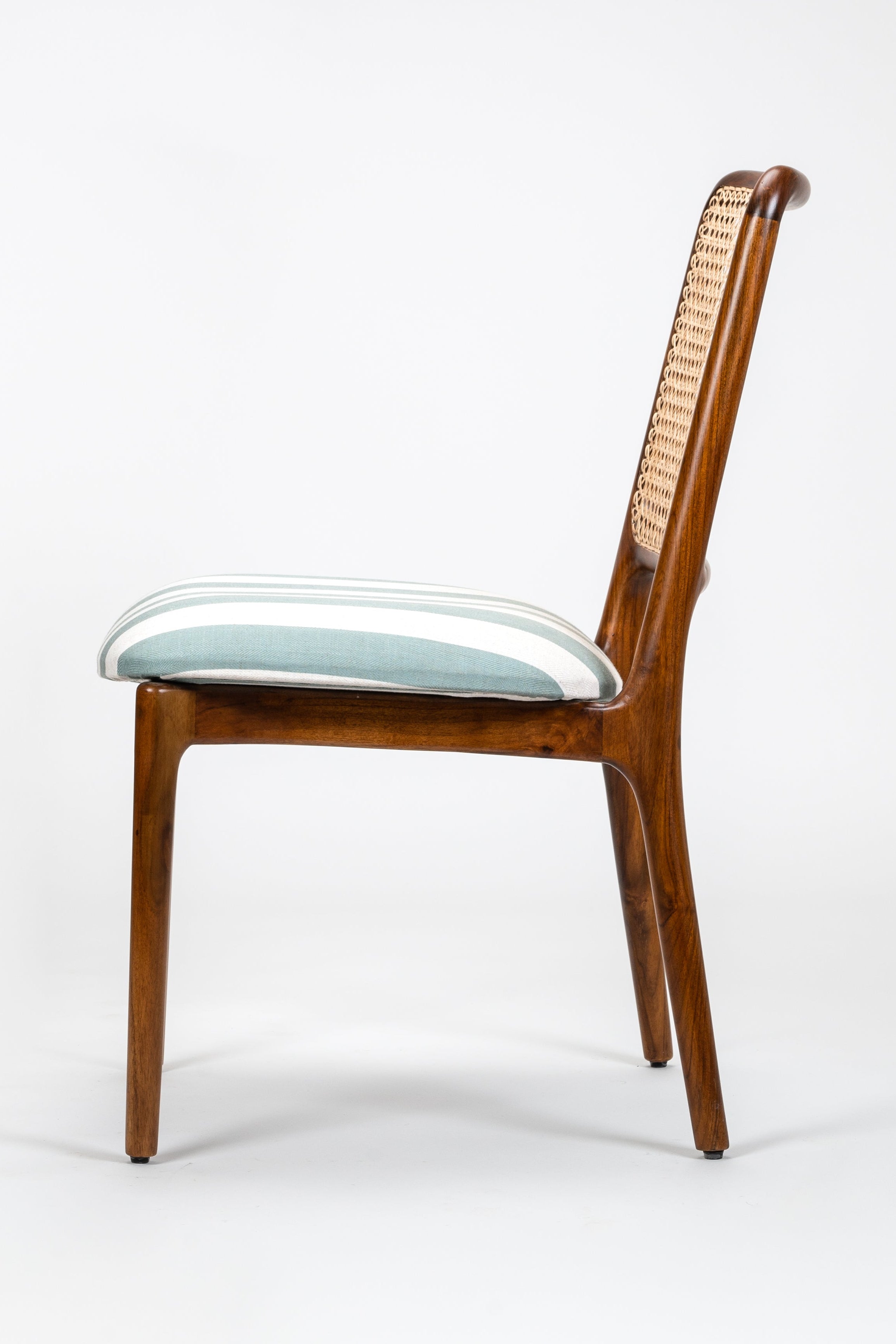 Wooden chair with a woven backrest on a white background