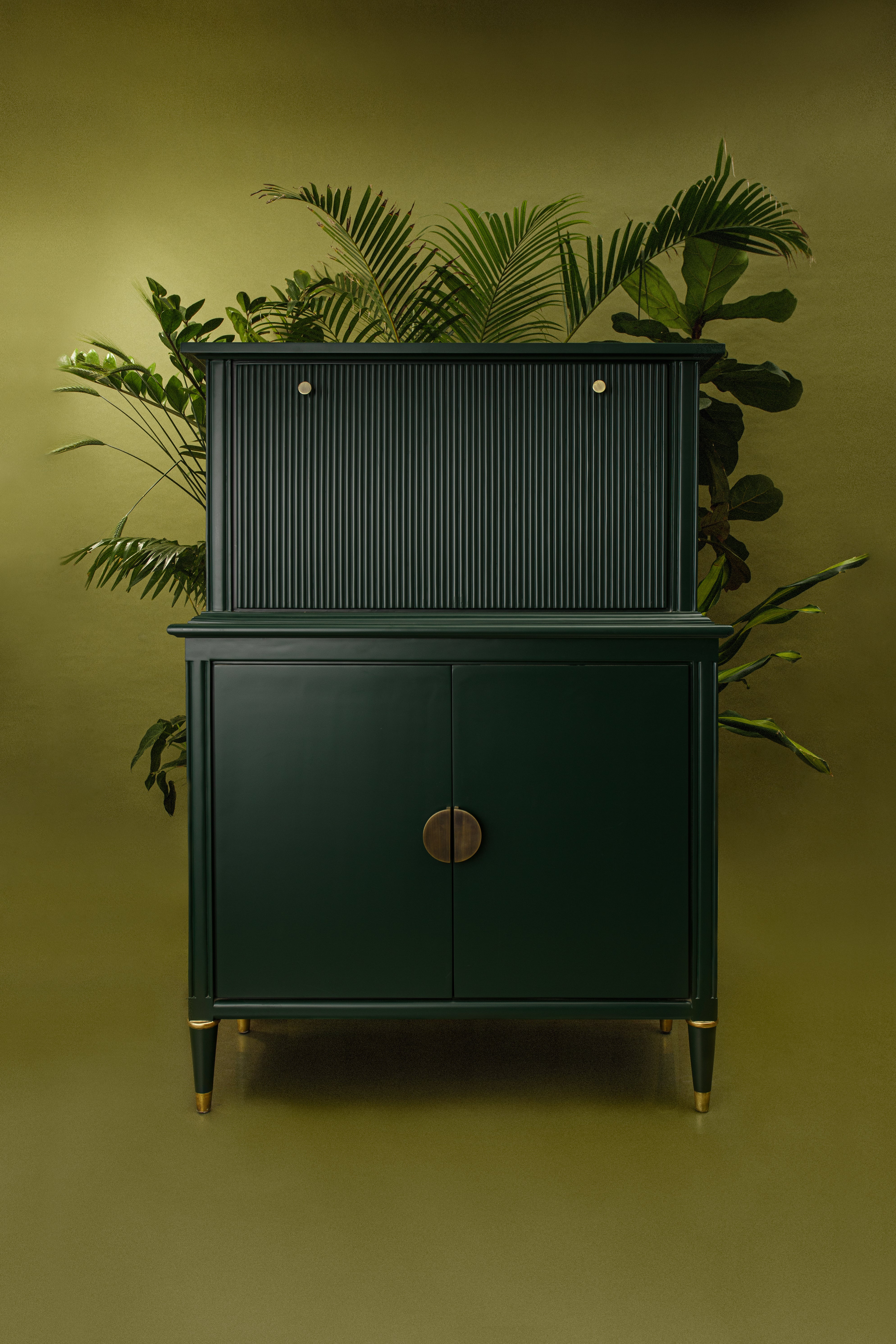 Dark green cabinet with a round handle against a matching background