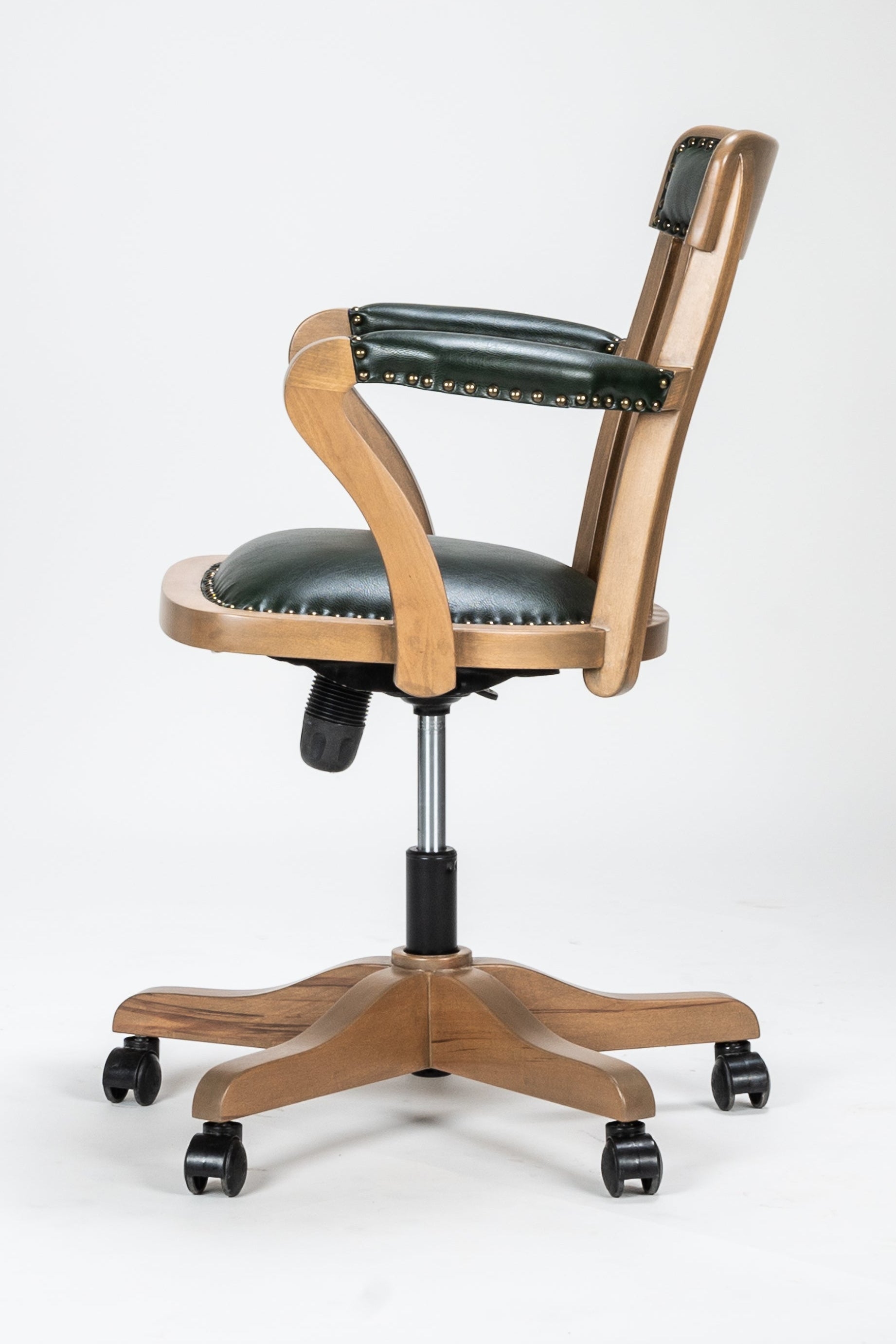 Chair with wooden frame and black seat on a white background