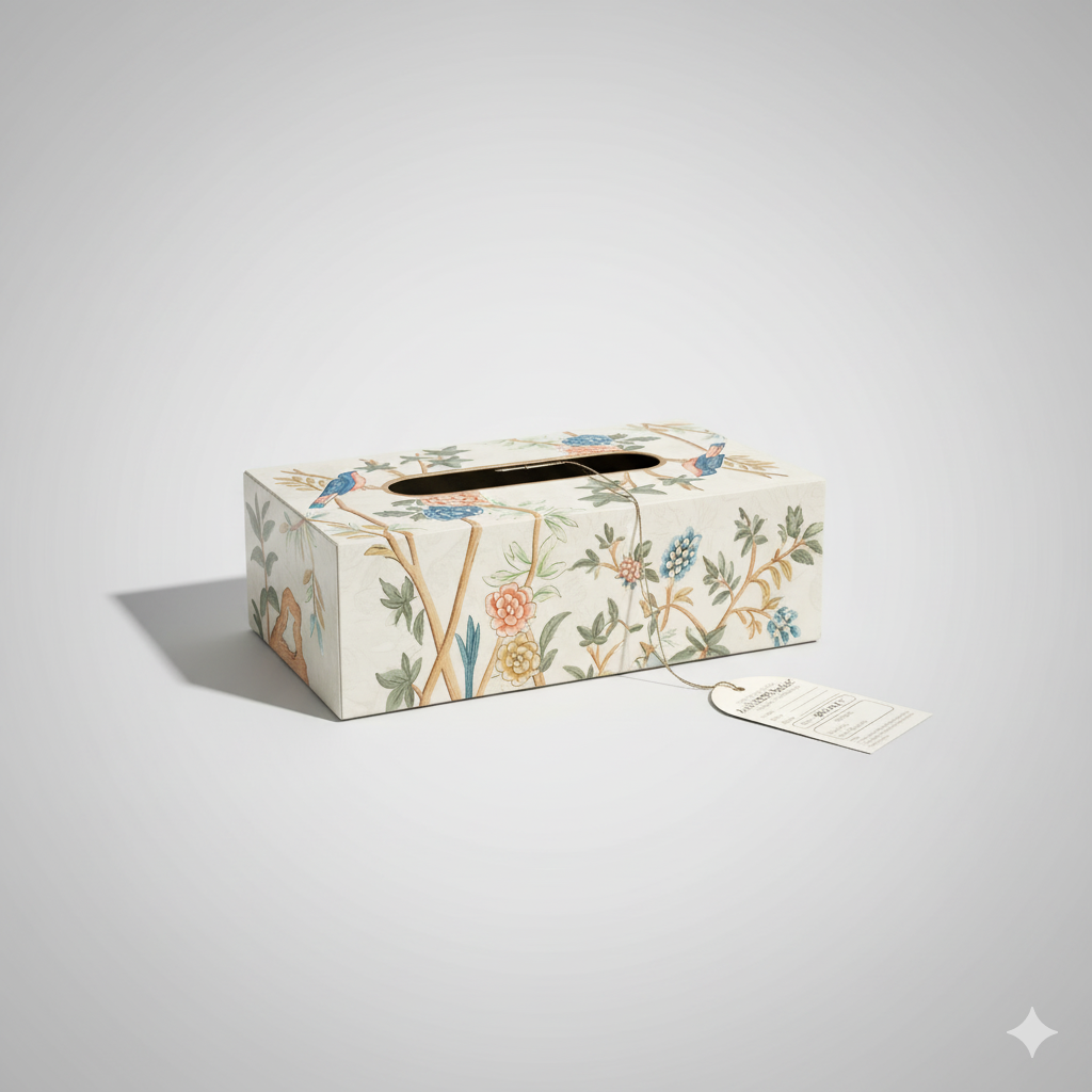 Floral-patterned tissue box on a light gray background