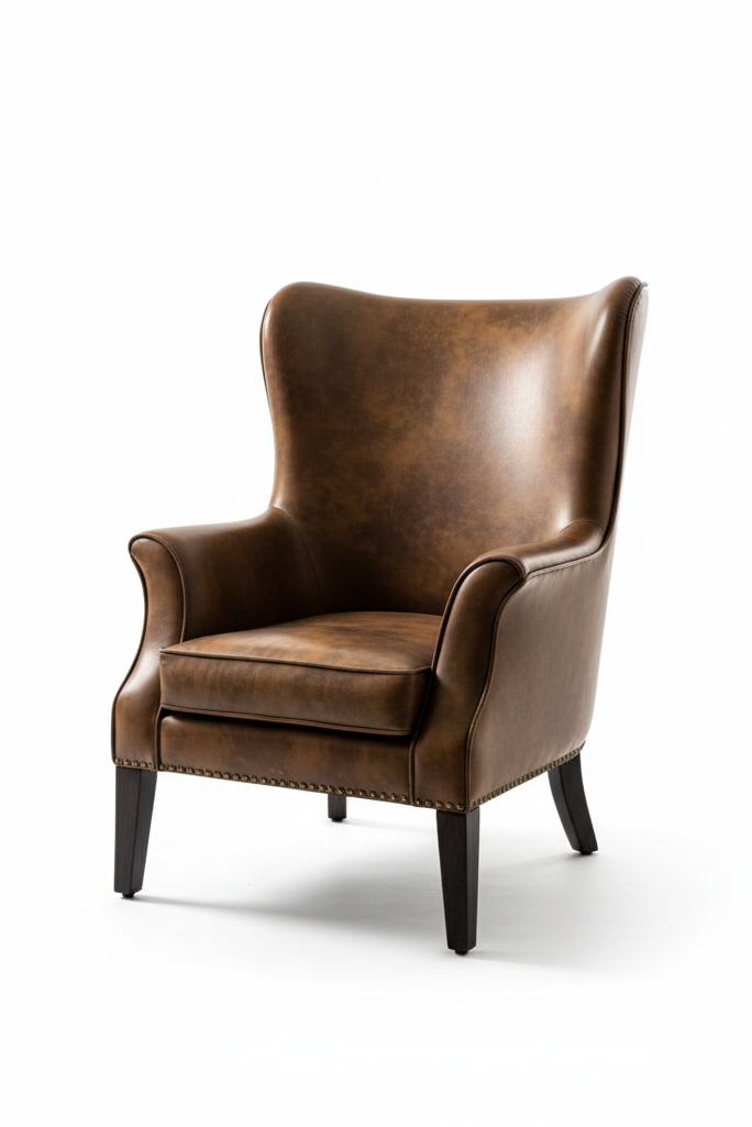 Brown leather armchair on a white background