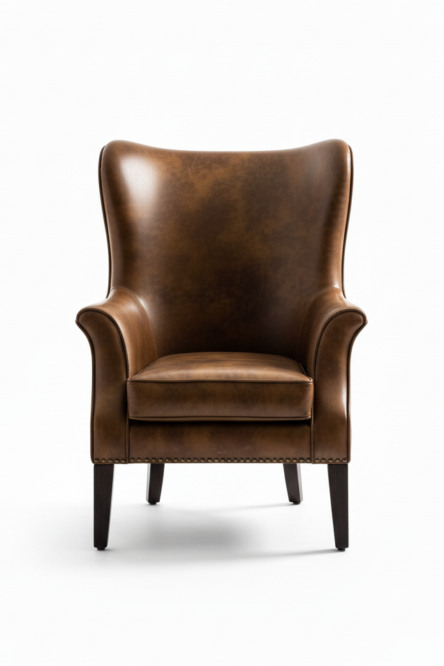 Brown leather armchair on a white background
