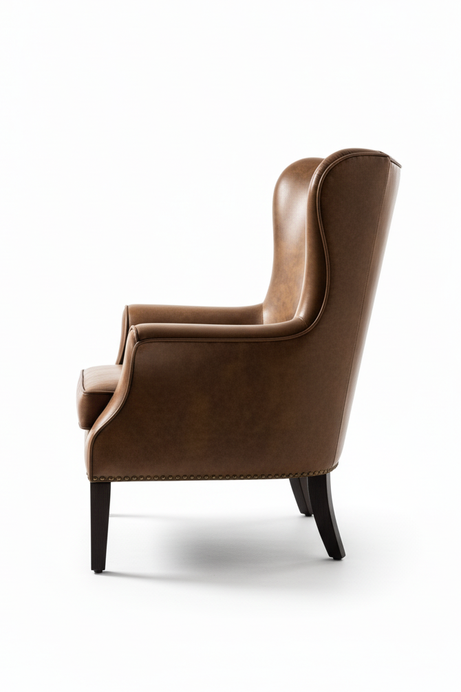 Brown leather armchair on a white background