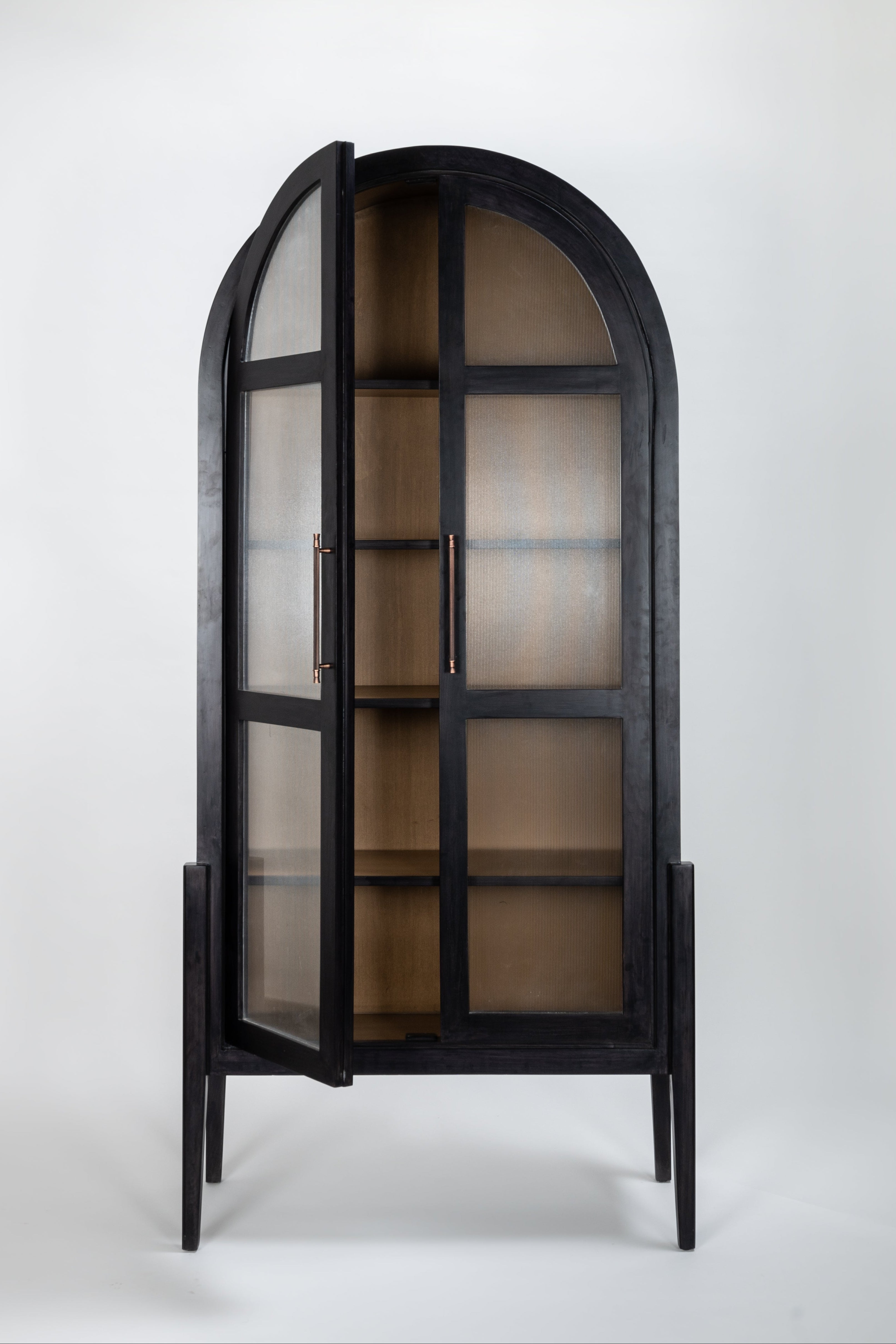 Black arched display cabinet with glass panels on a white background