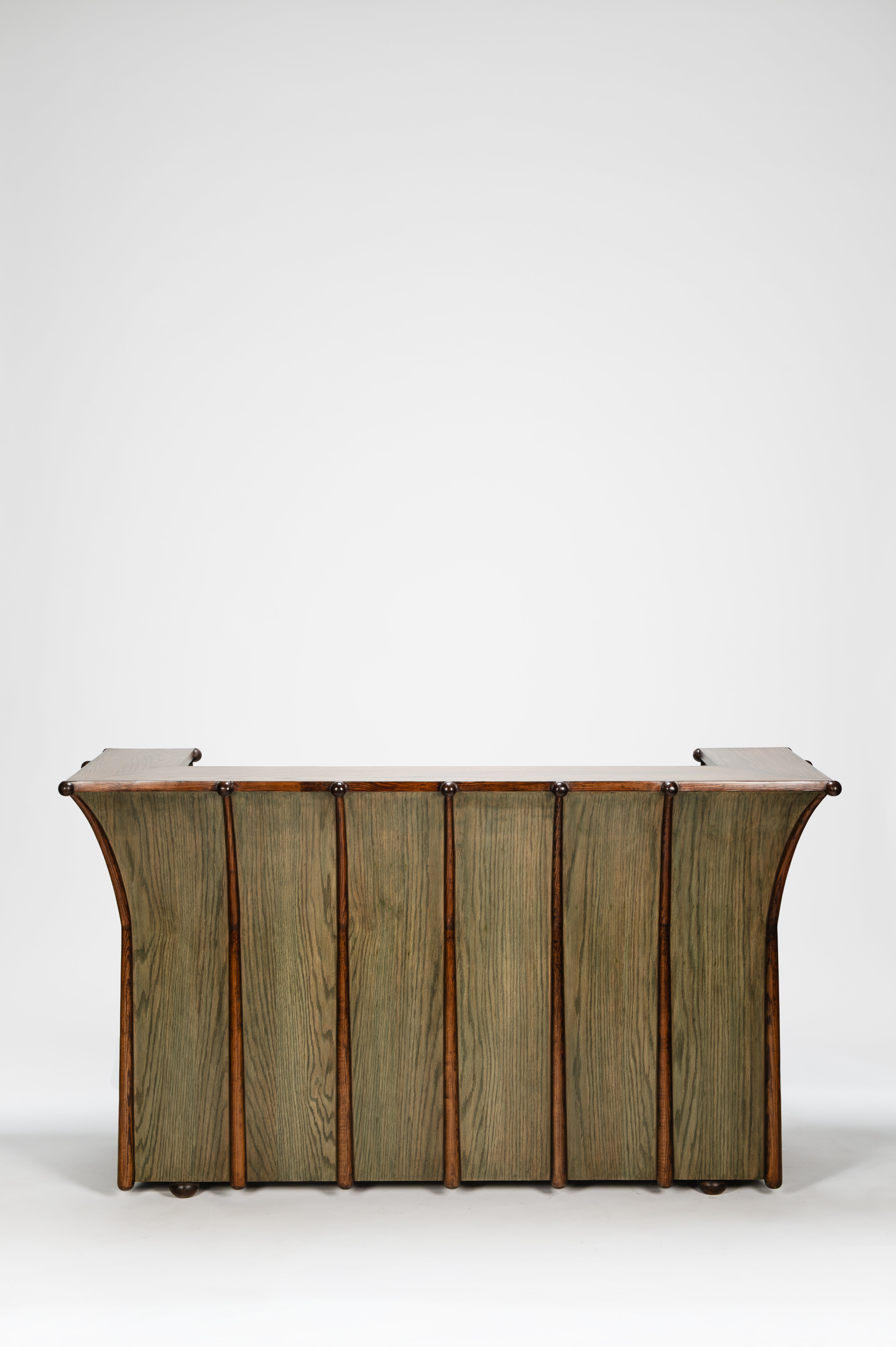 Wooden reception desk with a white background