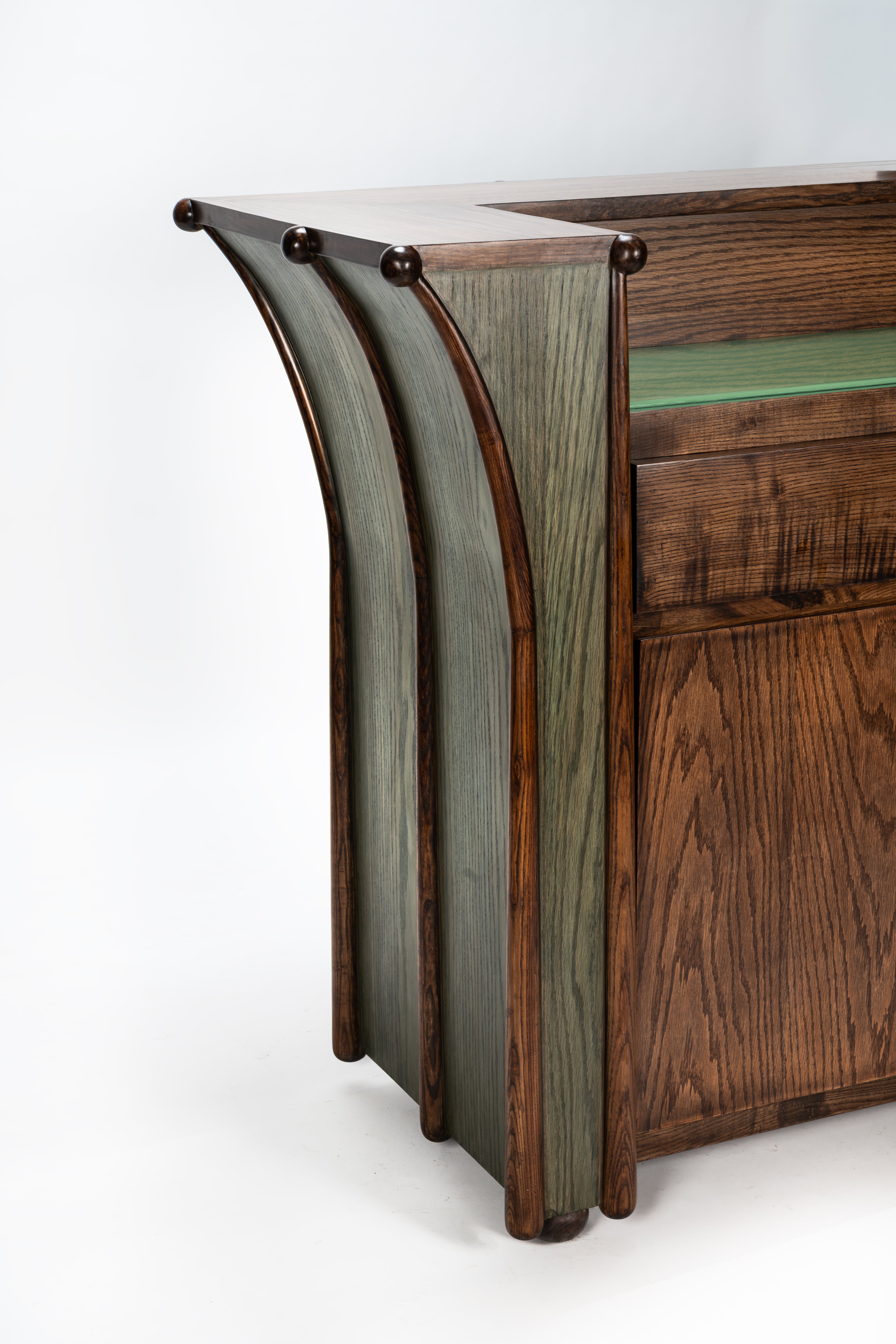 Wooden desk with curved design on a white background
