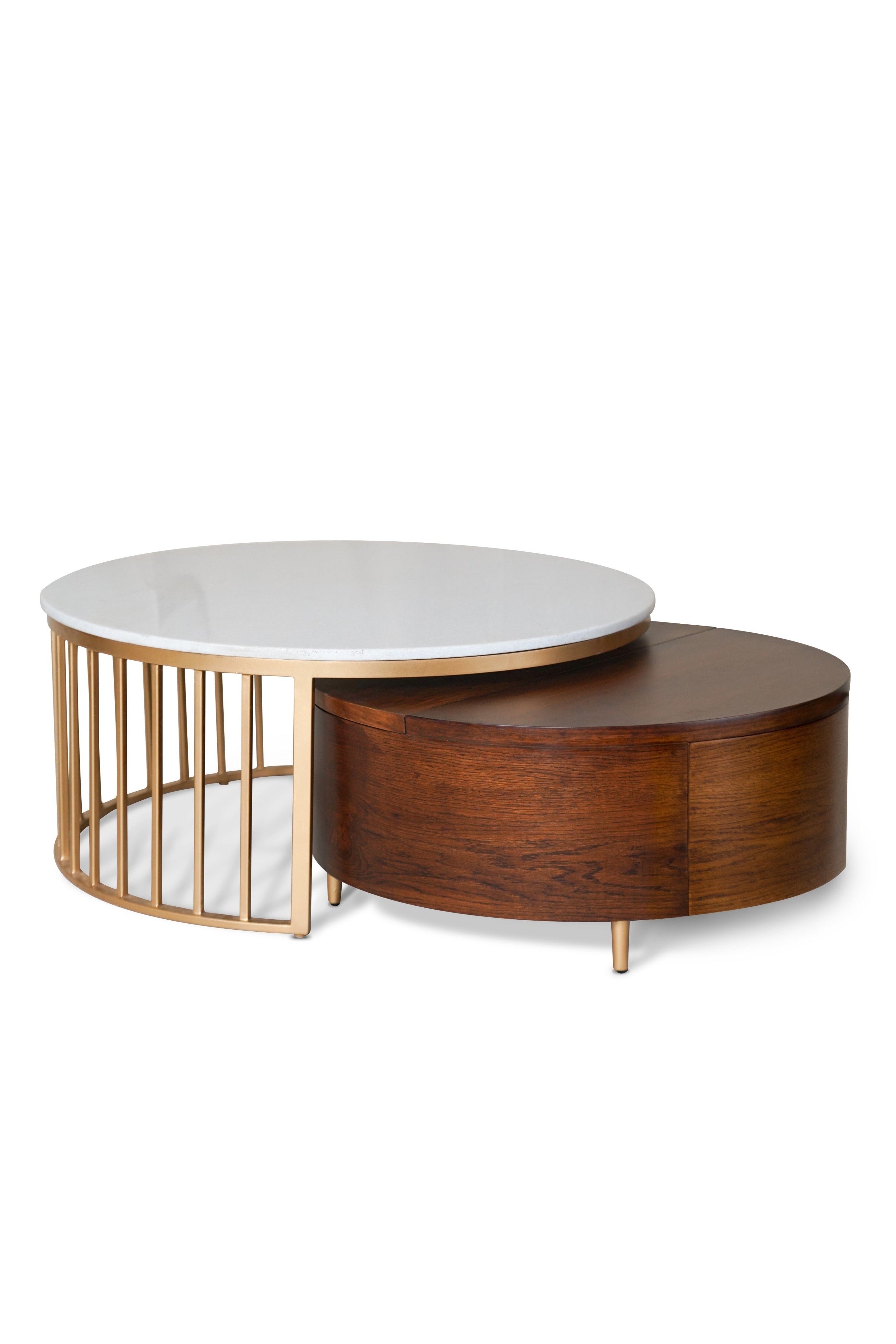 Two-tiered coffee table with white top and wooden bottom on a white background