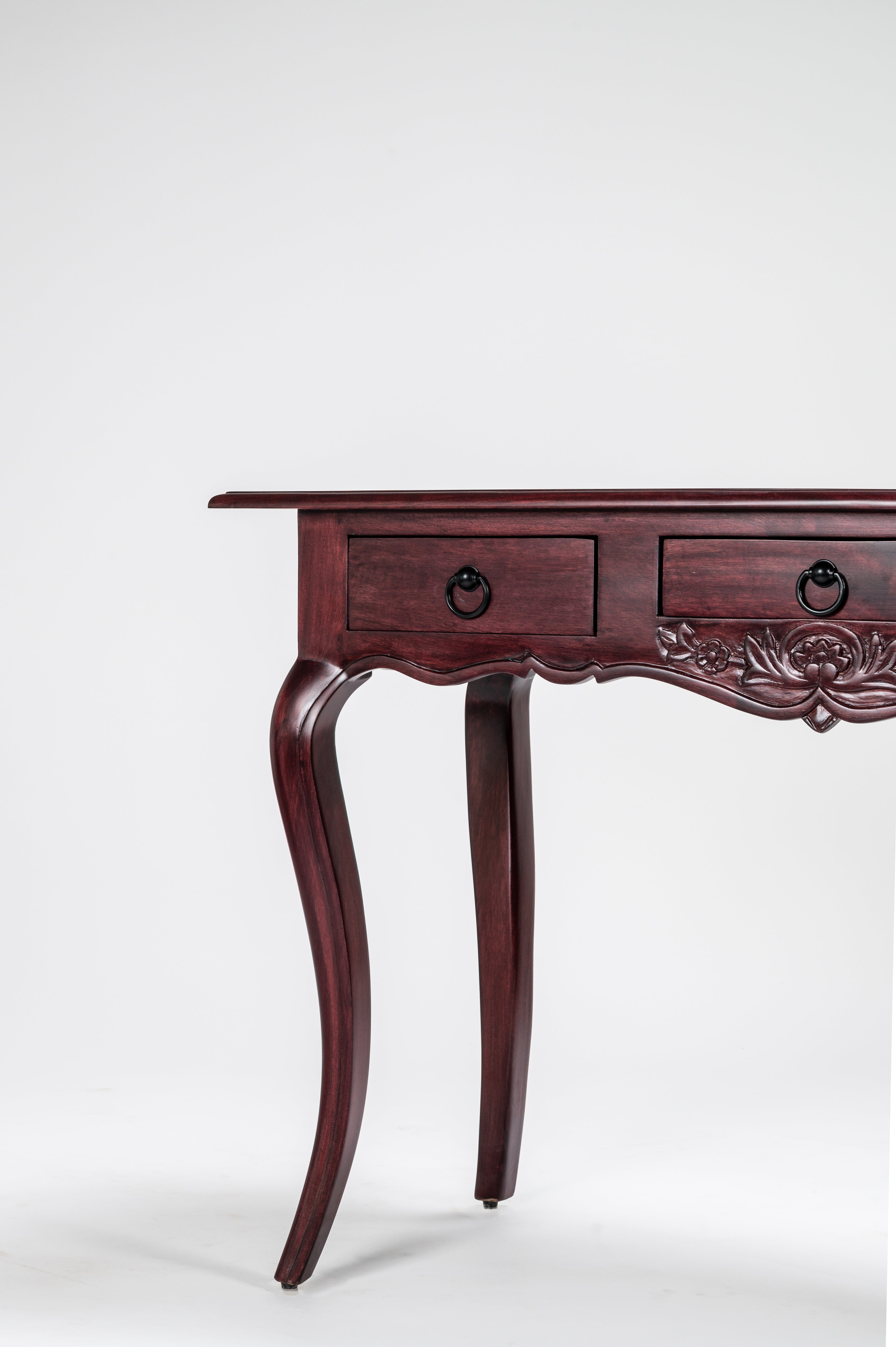 Wooden console table with two drawers on a white background